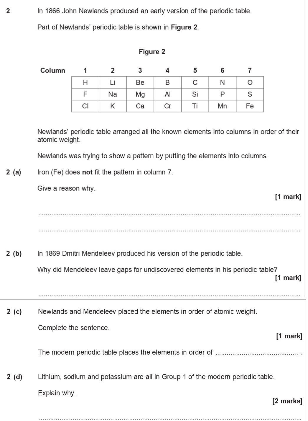 In-1866-John-Newlands-produced-an-early-version-of-the-periodic-table-AQA-GCSE Chemistry-Question 2-2015-Paper 3.png