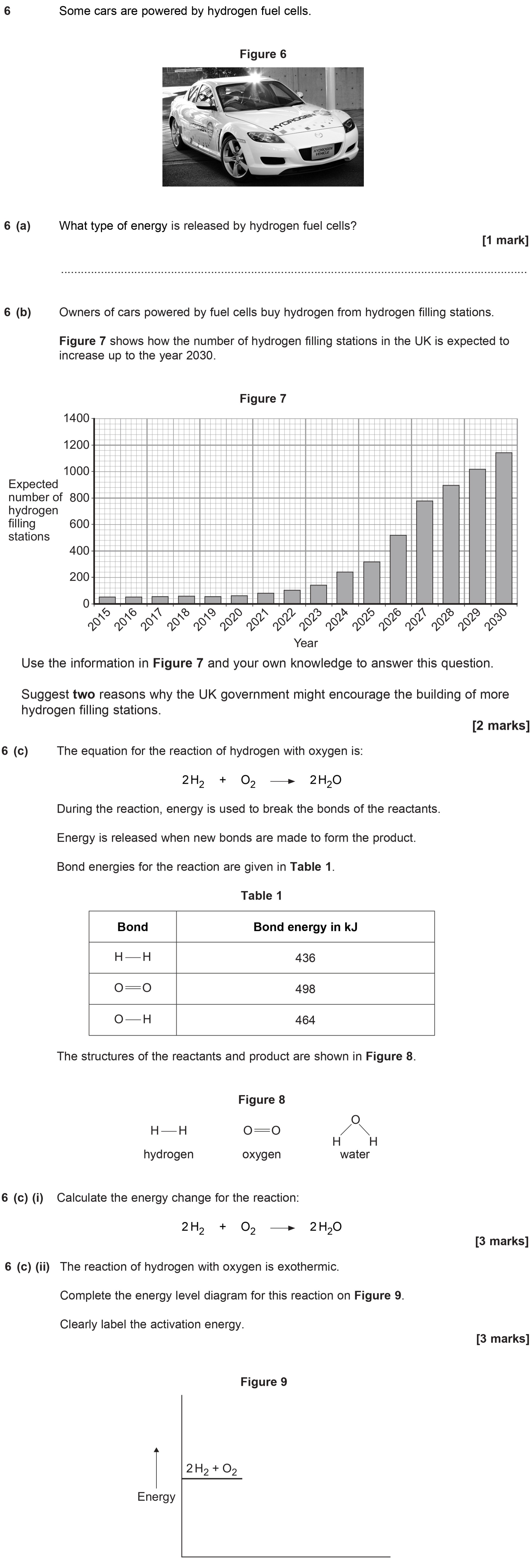 6-(a)-What-type-of-energy-is-released-by-hydrogen-fuel-cells?----6-(b)-Owners-of-cars-powered-by-fuel-cells-buy-hydrogen-from-hydrogen-filling-stations-AQA-GCSE Chemistry-Question 6-2014-Paper 3.png