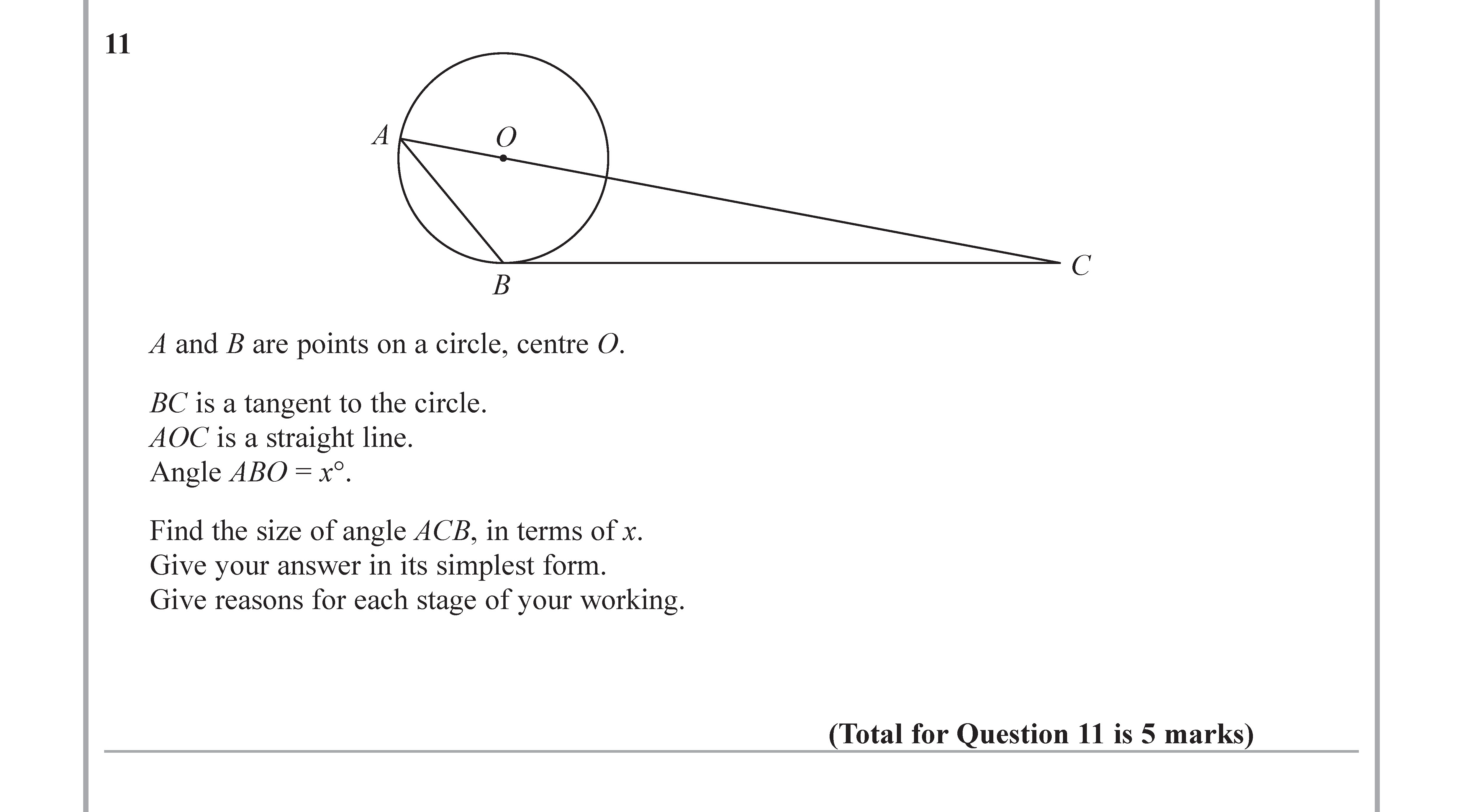 A-and-B-are-points-on-a-circle,-centre-O-Edexcel-GCSE Maths-Question 11-2018-Paper 1.png