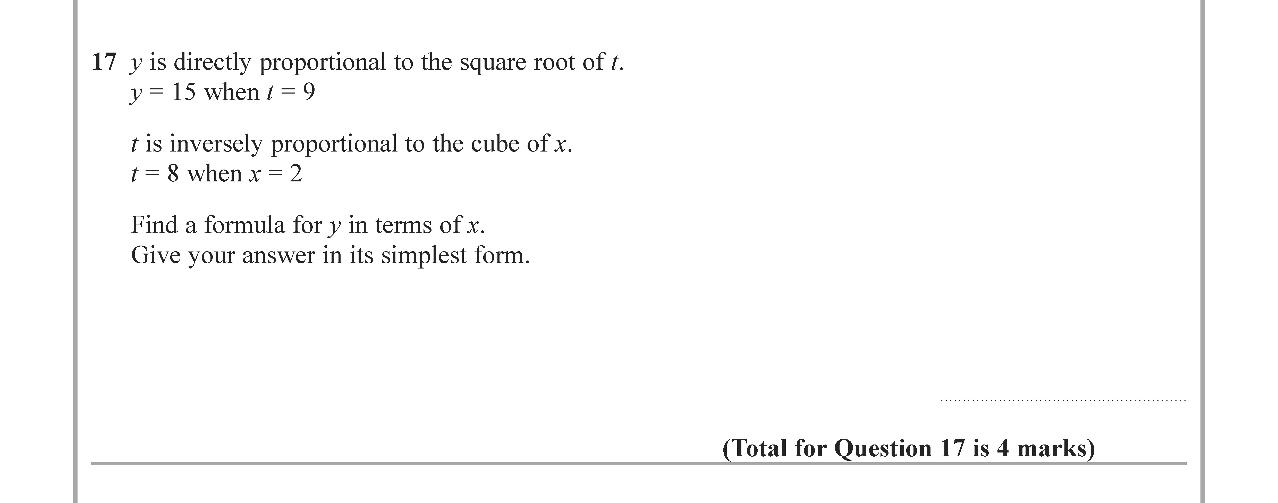 y-is-directly-proportional-to-the-square-root-of-t-Edexcel-GCSE Maths-Question 17-2022-Paper 1.png