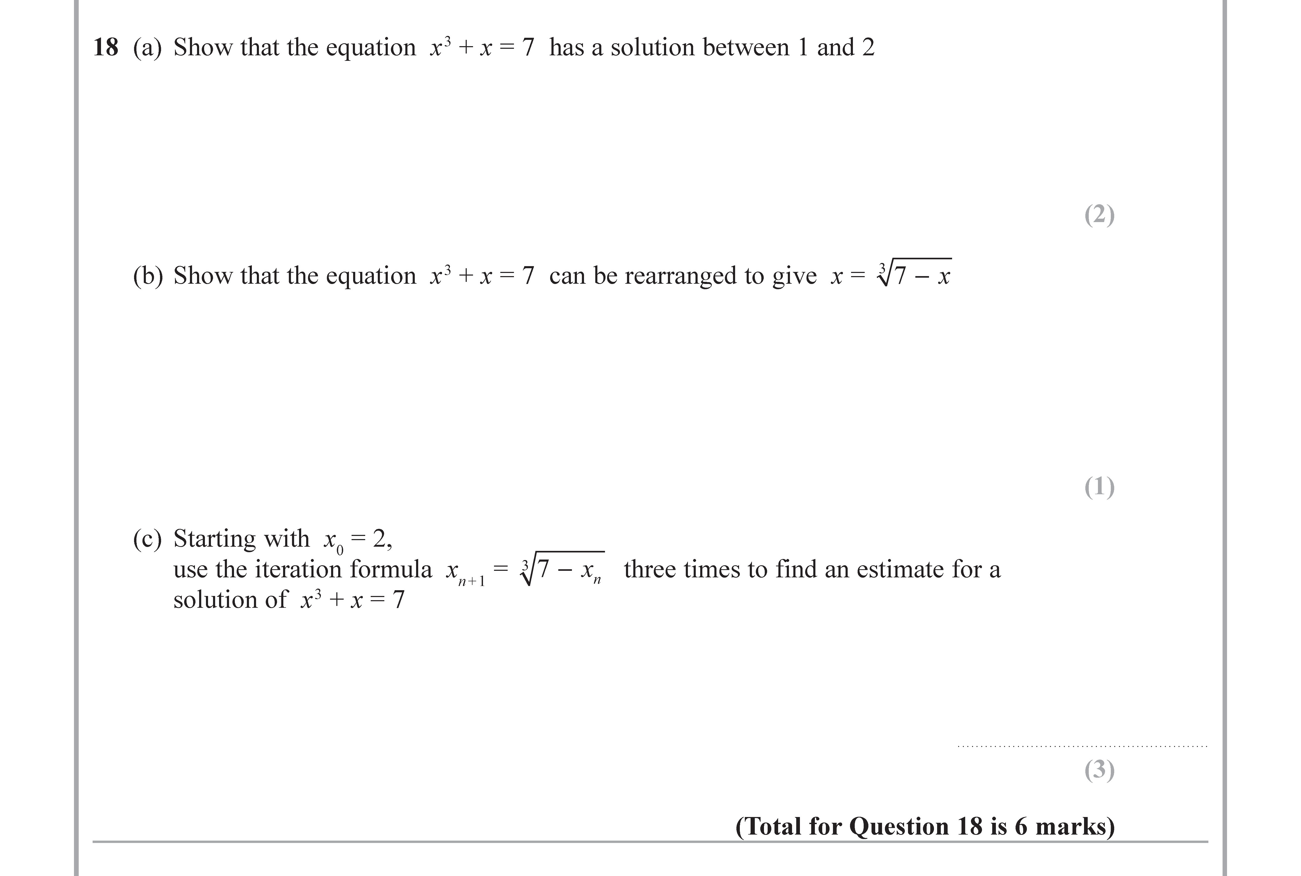 Show-that-the-equation-$x^2-+-x-=-7$-has-a-solution-between-1-and-2-Edexcel-GCSE Maths-Question 19-2018-Paper 3.png