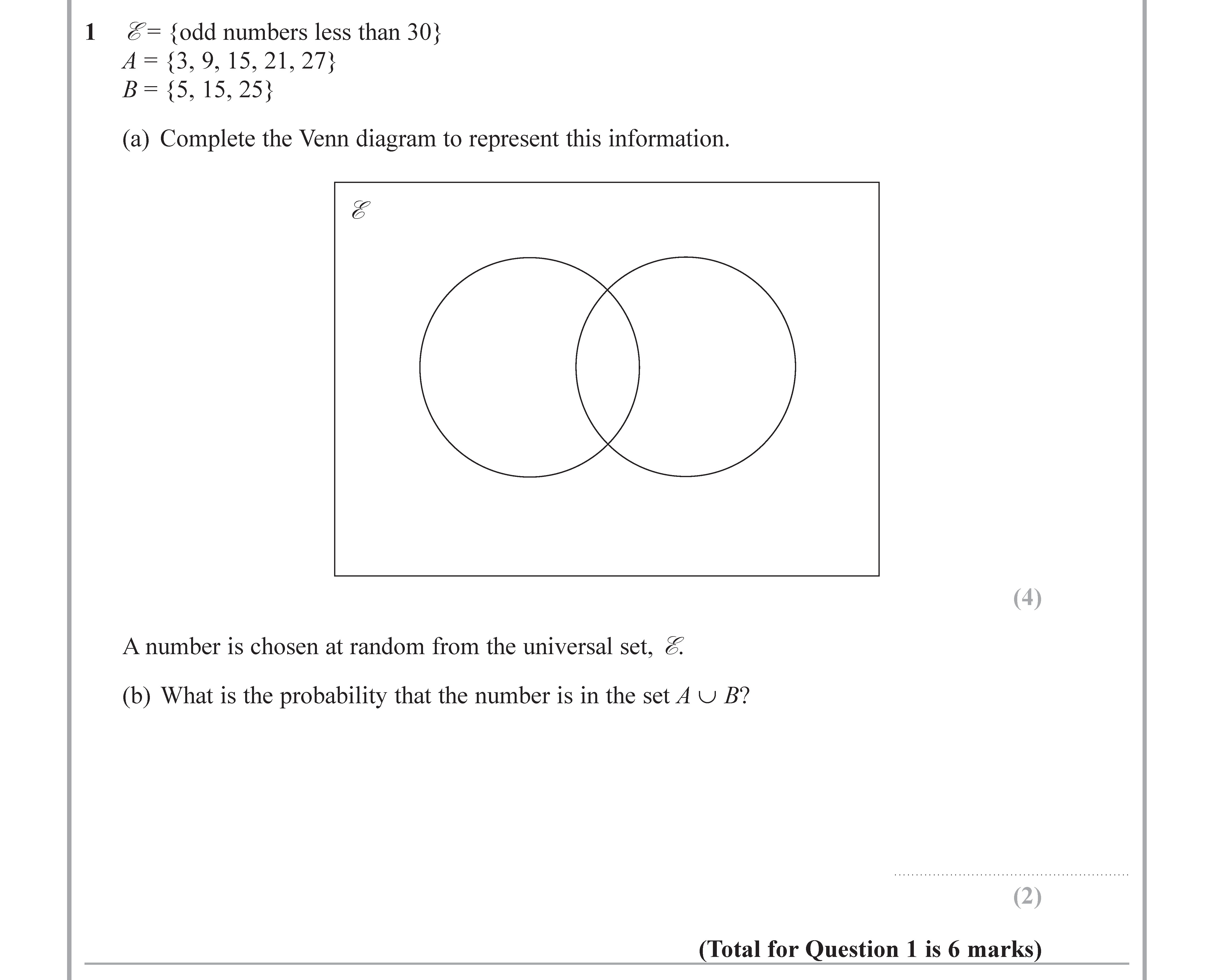 Let-$ℝ$-be-the-set-of-all-odd-numbers-less-than-30;--$A-=-\{3,-9,-15,-21,-27\}$--$B-=-\{5,-15,-25\}$--(a)-Complete-the-Venn-diagram-to-represent-this-information-Edexcel-GCSE Maths-Question 1-2017-Paper 3.png