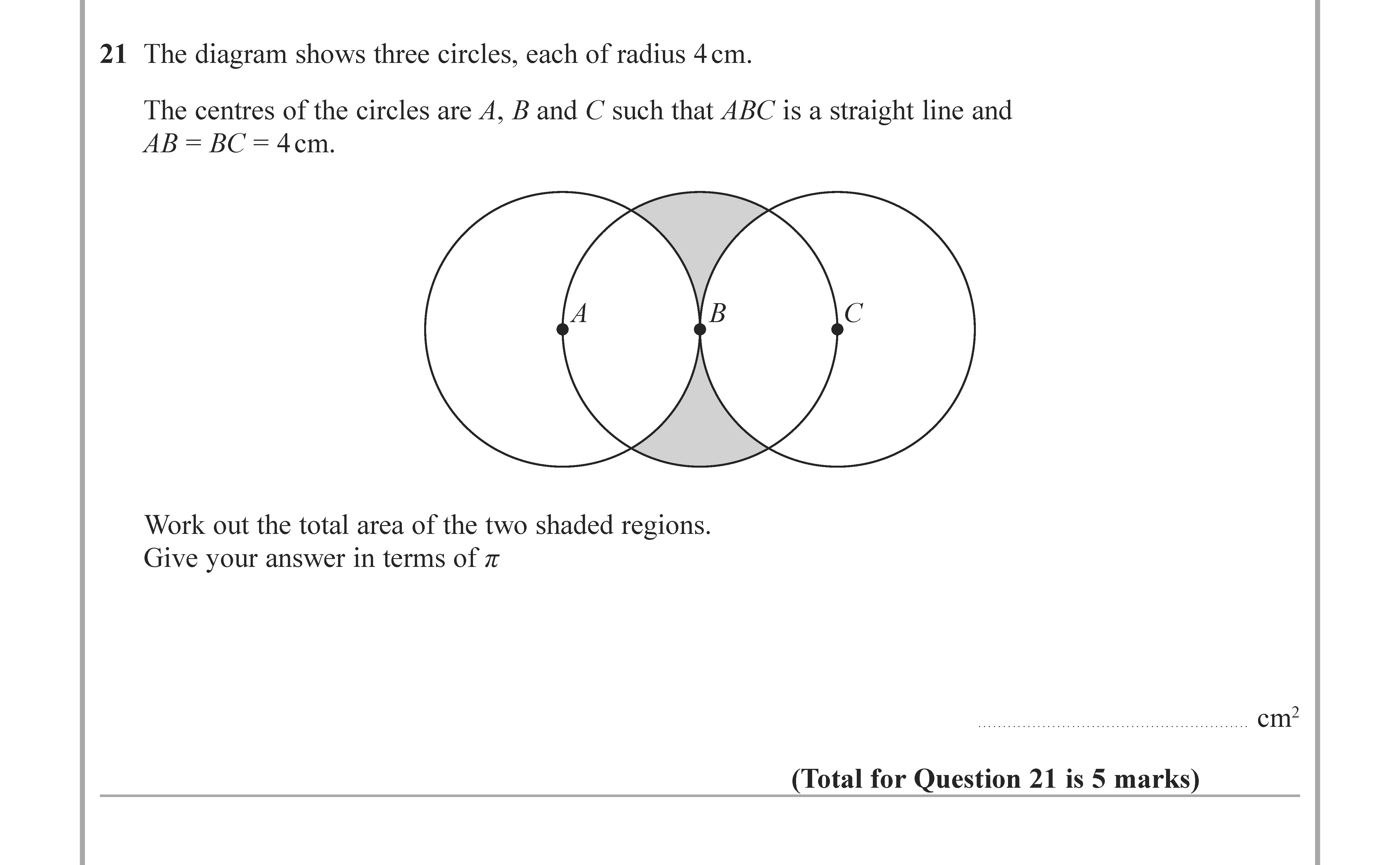 The-diagram-shows-three-circles,-each-of-radius-4-cm-Edexcel-GCSE Maths-Question 1-2022-Paper 2.png