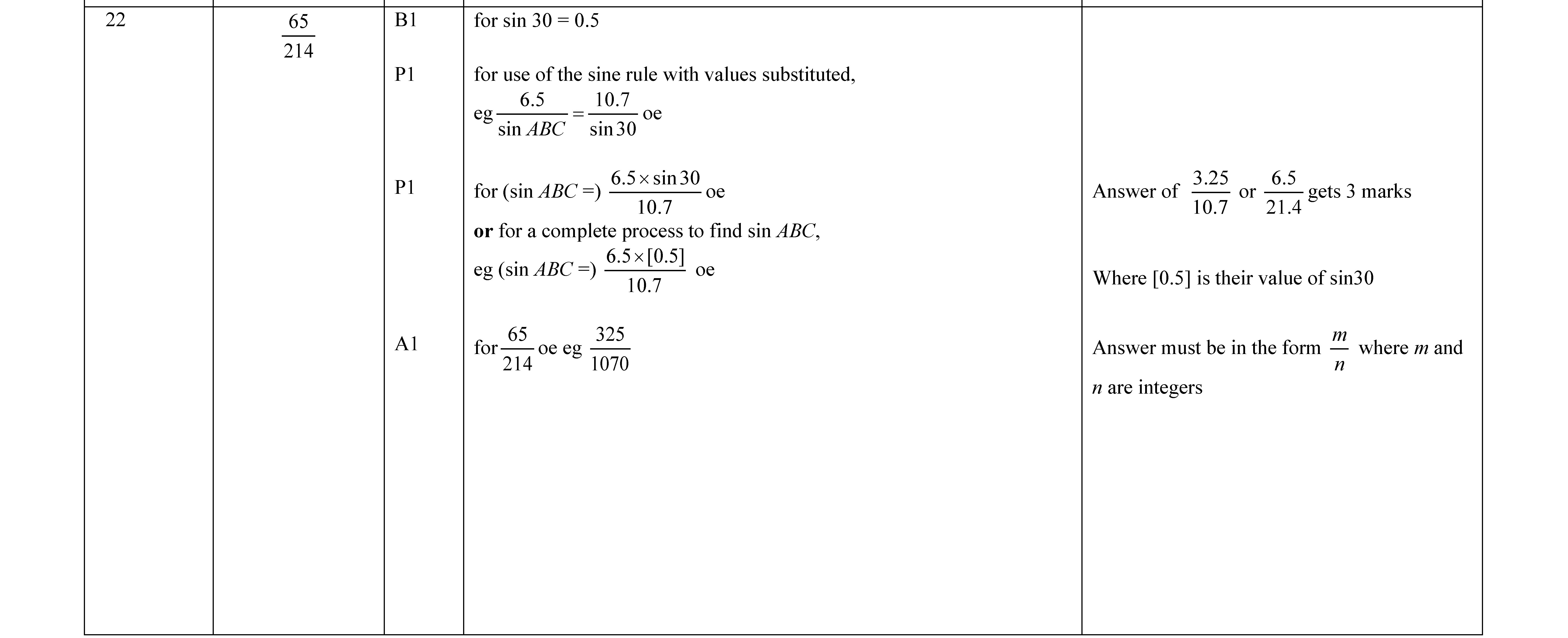 For-sin-30°-=-0.5--For-one-of-the-sine-rule-with-values-substituted,--$$-rac{6.5}{-ext{sin-}-30^-ext{o}}-=--rac{65}{10}$$--For-sin(ABC),-6.5-=-sin-30°--or-for-a-complete-process-to-find-sin-ABC,--$$-ext{sin-}(ABC)-=--rac{6.5--imes-10}{65}$$--Answer-of-$$-rac{3.25}{10.7}$$-must-be-6.5-per-3-marks-Edexcel-GCSE Maths-Question 22-2022-Paper 1.png