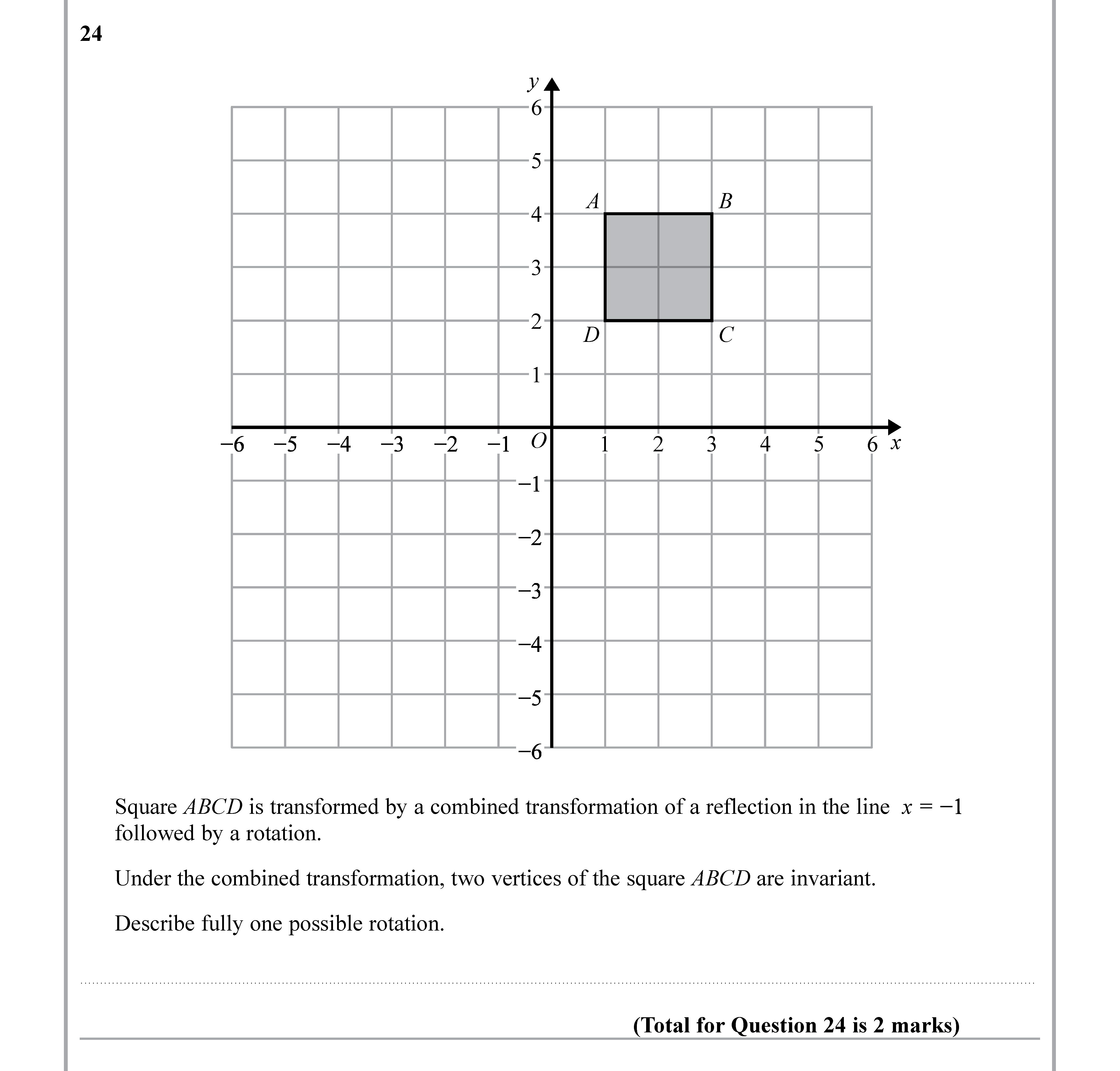 Square-ABCD-is-transformed-by-a-combined-transformation-of-a-reflection-in-the-line-$x-=--1$-followed-by-a-rotation-Edexcel-GCSE Maths-Question 25-2019-Paper 2.png