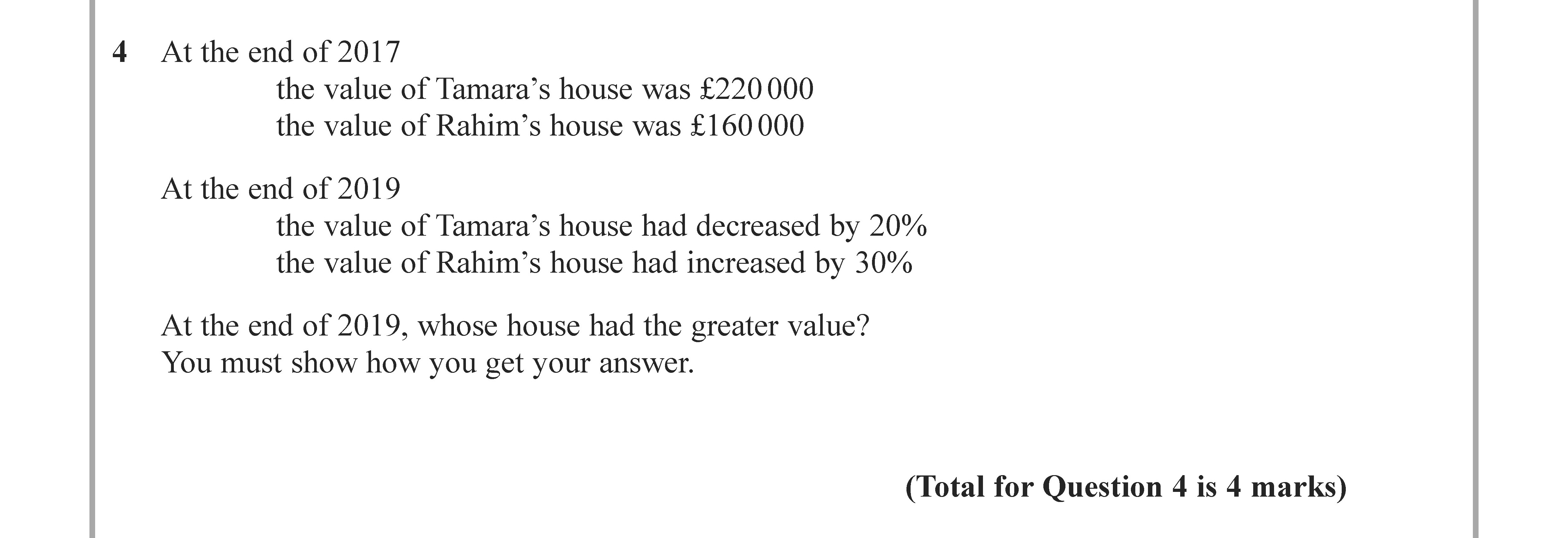 At-the-end-of-2017--The-value-of-Tamara's-house-was-£220000-The-value-of-Rahim's-house-was-£160000--At-the-end-of-2019--The-value-of-Tamara's-house-had-decreased-by-20%-The-value-of-Rahim's-house-had-increased-by-30%--At-the-end-of-2019,-whose-house-had-the-greater-value?-You-must-show-how-you-get-your-answer.-Edexcel-GCSE Maths-Question 5-2021-Paper 1.png