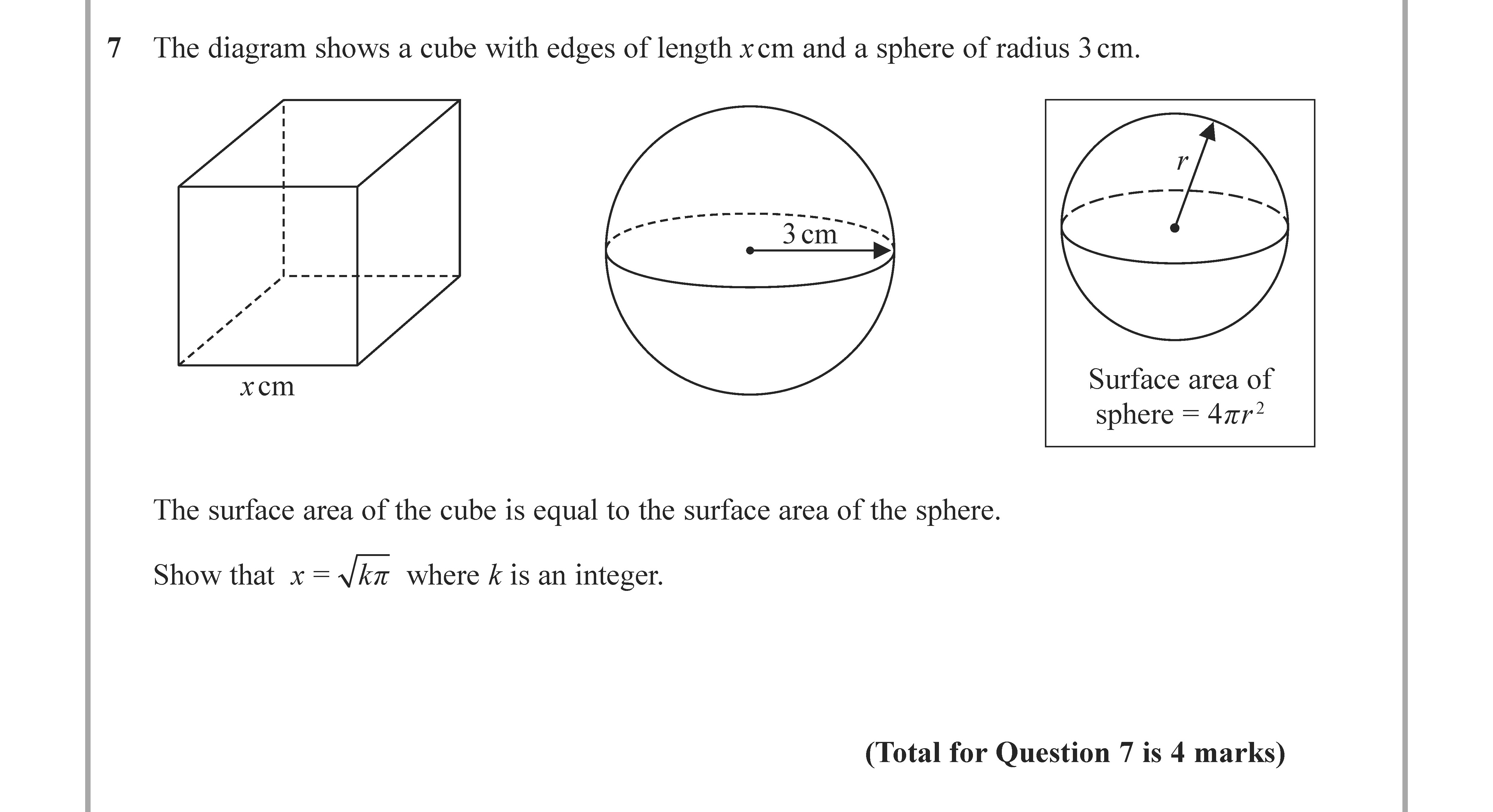 The-diagram-shows-a-cube-with-edges-of-length-$x$-cm-and-a-sphere-of-radius-3-cm-Edexcel-GCSE Maths-Question 8-2021-Paper 1.png