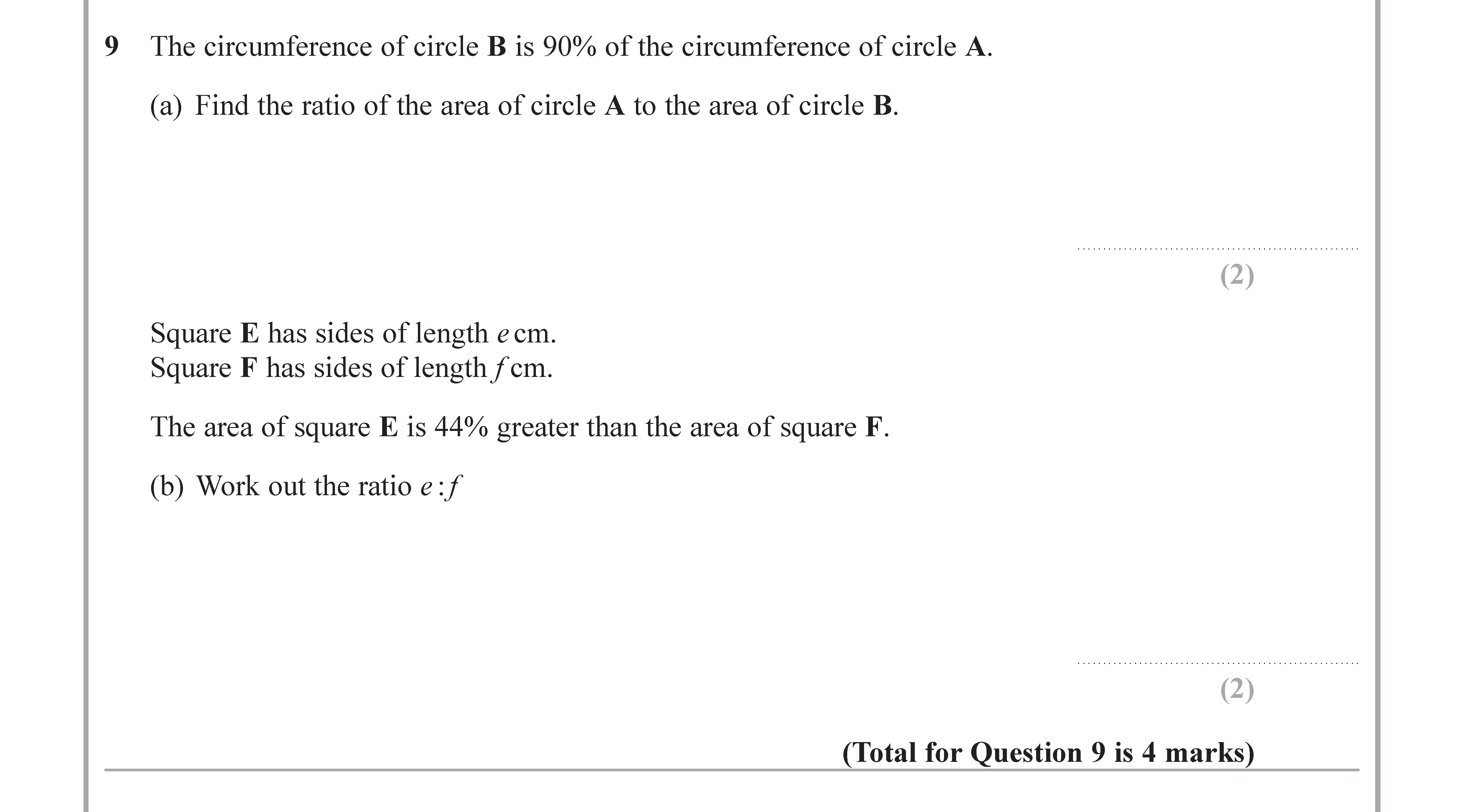 The-circumference-of-circle-B-is-90%-of-the-circumference-of-circle-A-Edexcel-GCSE Maths-Question 9-2019-Paper 2.png
