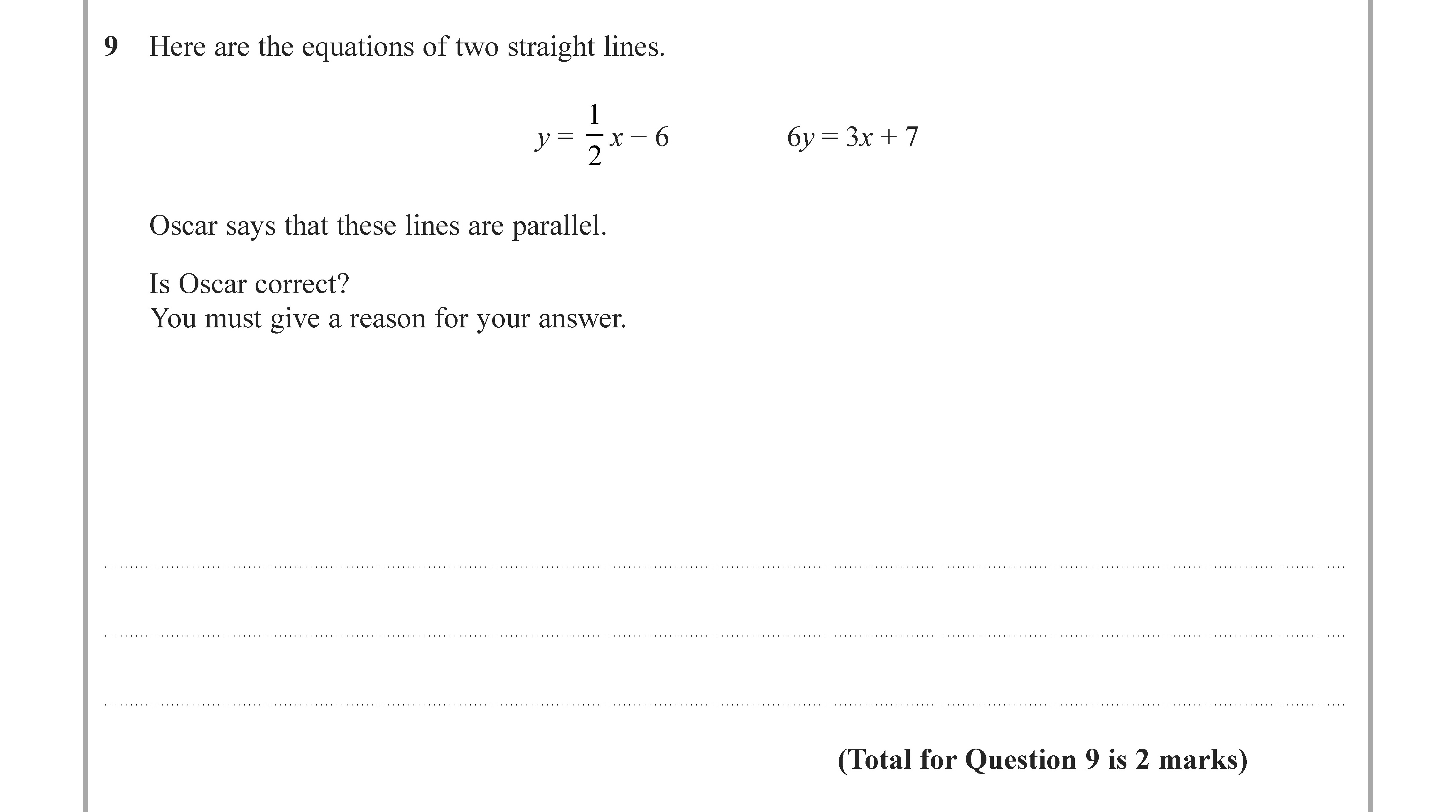 Here-are-the-equations-of-two-straight-lines-Edexcel-GCSE Maths-Question 9-2022-Paper 2.png