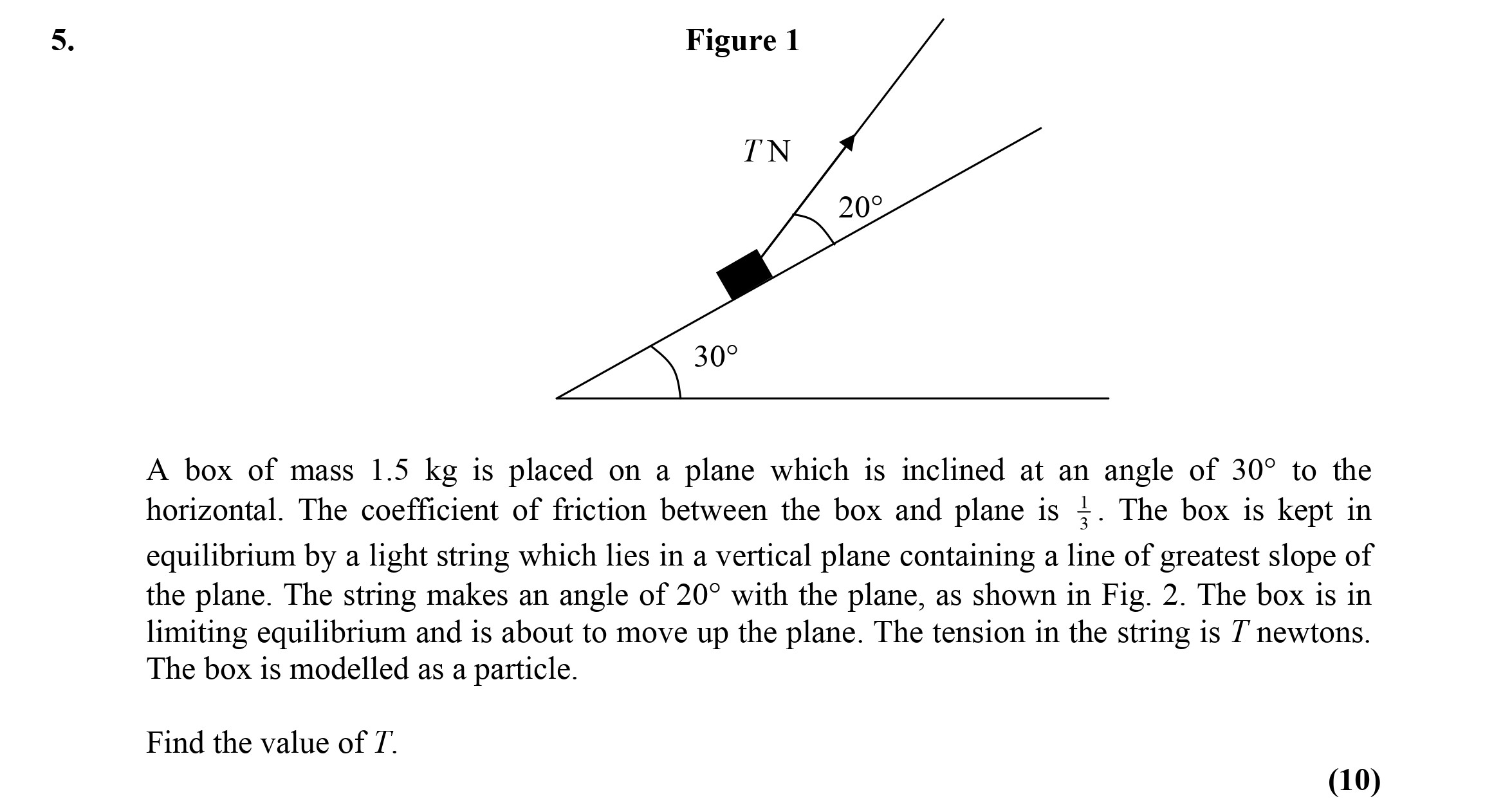 A-box-of-mass-1.5-kg-is-placed-on-a-plane-which-is-inclined-at-an-angle-of-30°-to-the-horizontal-Edexcel-A-Level Maths Mechanics-Question 5-2003-Paper 1.png