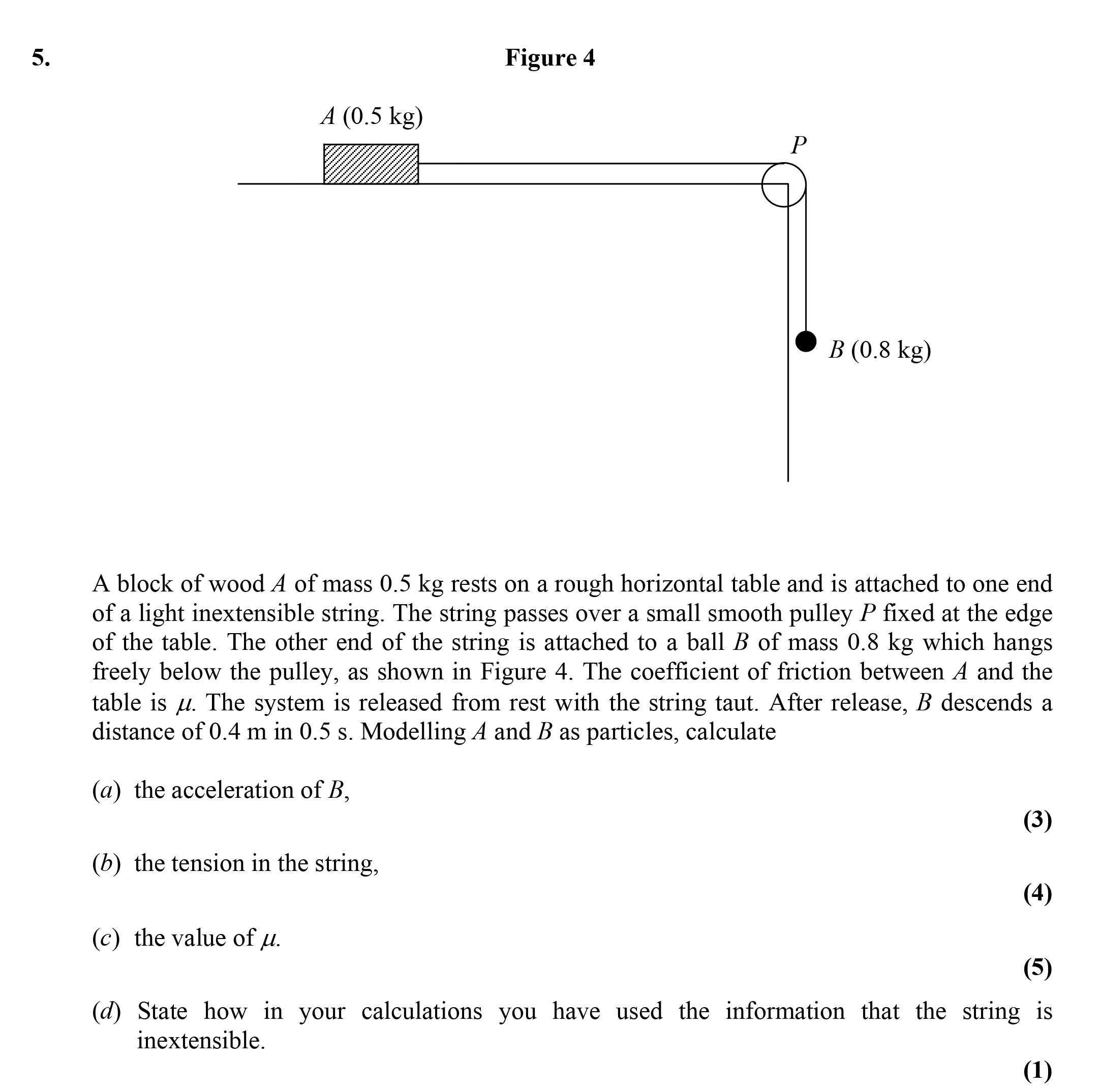 A-block-of-wood-A-of-mass-0.5-kg-rests-on-a-rough-horizontal-table-and-is-attached-to-one-end-of-a-light-inextensible-string-Edexcel-A-Level Maths Mechanics-Question 5-2005-Paper 1.png