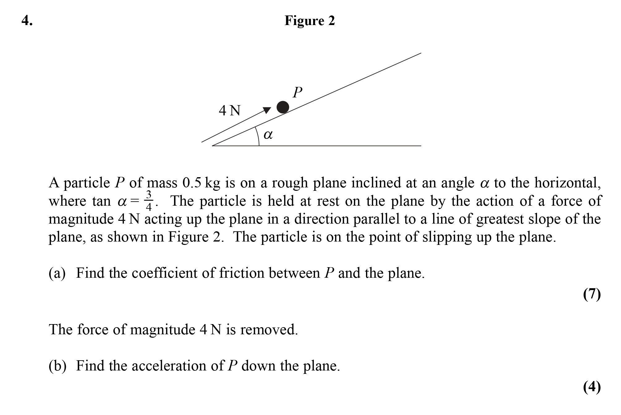 A-particle-P-of-mass-0.5-kg-is-on-a-rough-plane-inclined-at-an-angle-α-to-the-horizontal,-where-tan-α-=--rac{2}{3}-Edexcel-A-Level Maths Mechanics-Question 4-2006-Paper 1.png