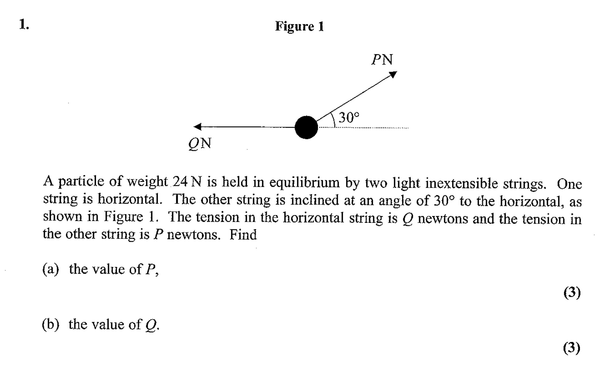 A-particle-of-weight-24-N-is-held-in-equilibrium-by-two-light-inextensible-strings-Edexcel-A-Level Maths Mechanics-Question 1-2007-Paper 1.png