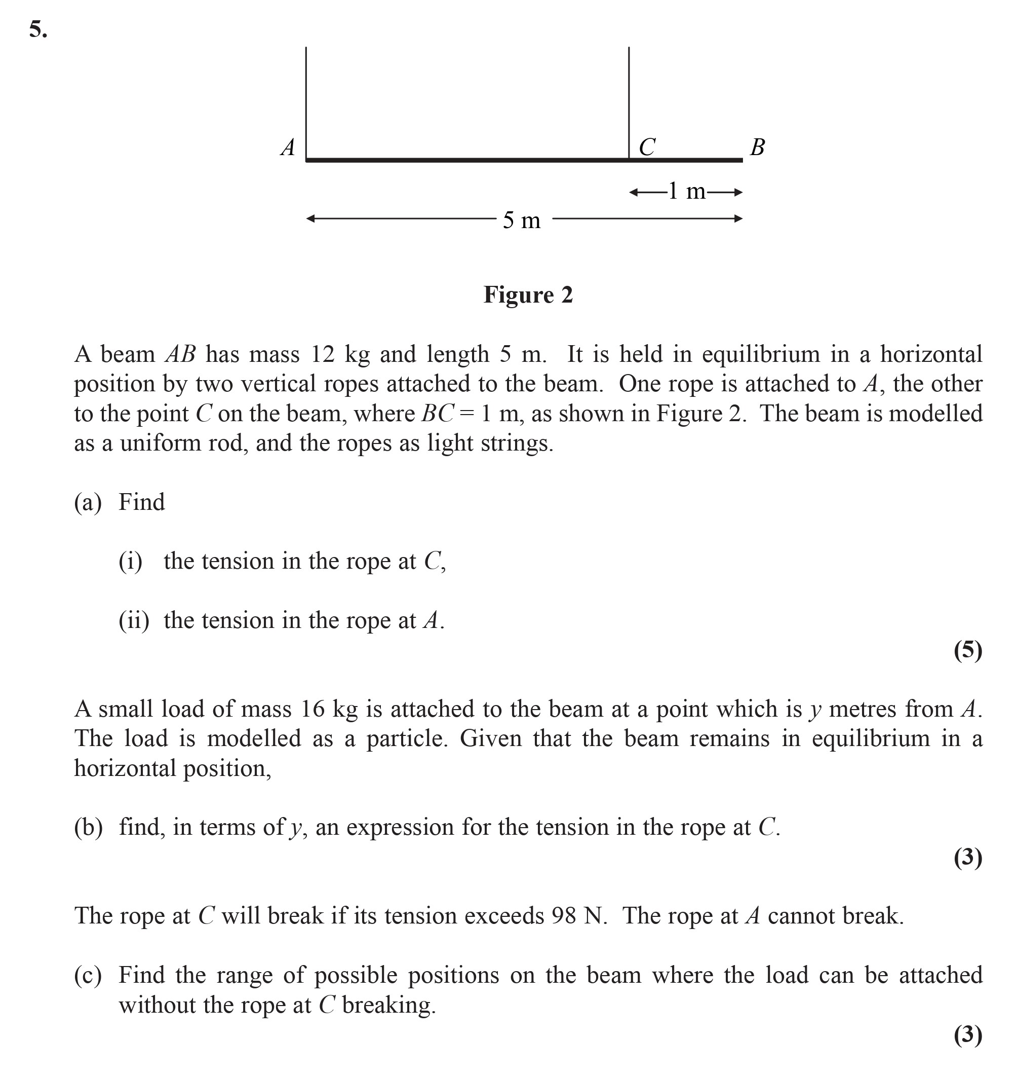 A-beam-AB-has-mass-12-kg-and-length-5-m-Edexcel-A-Level Maths Mechanics-Question 5-2008-Paper 1.png
