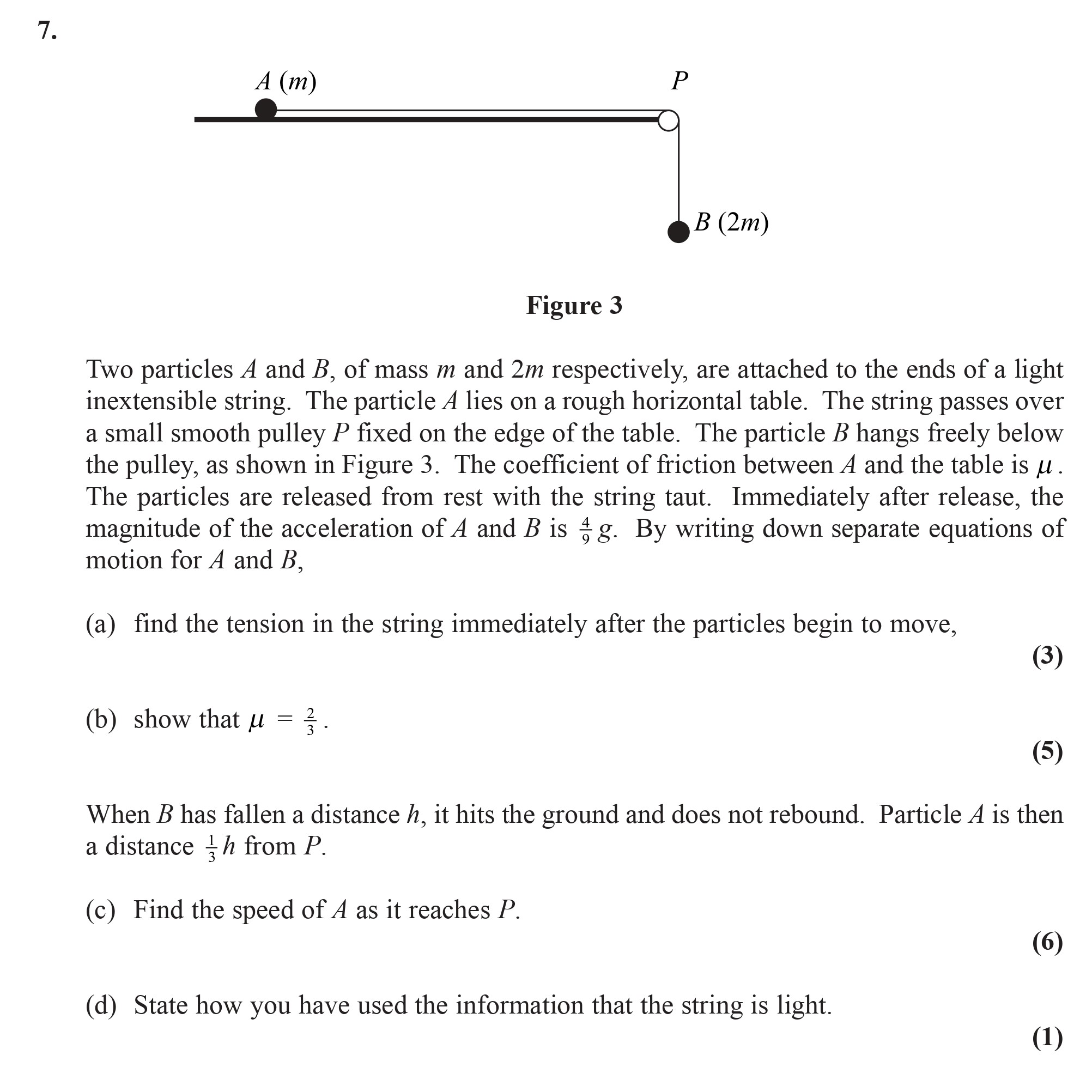 Two-particles-A-and-B,-of-mass-m-and-2m-respectively,-are-attached-to-the-ends-of-a-light-inextensible-string-Edexcel-A-Level Maths Mechanics-Question 7-2008-Paper 1.png
