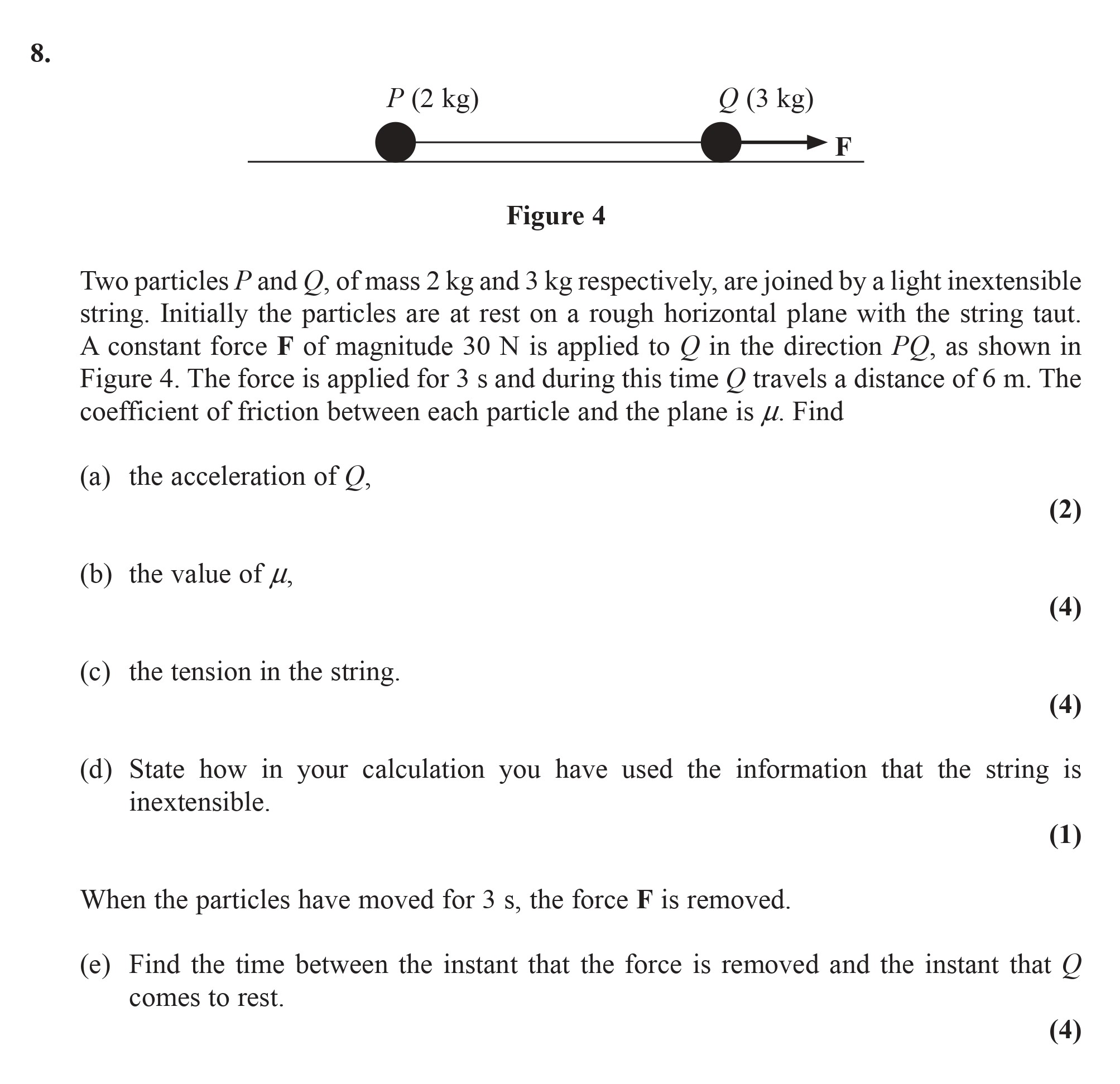 Two-particles-P-and-Q,-of-mass-2-kg-and-3-kg-respectively,-are-joined-by-a-light-inextensible-string-Edexcel-A-Level Maths Mechanics-Question 8-2008-Paper 1.png