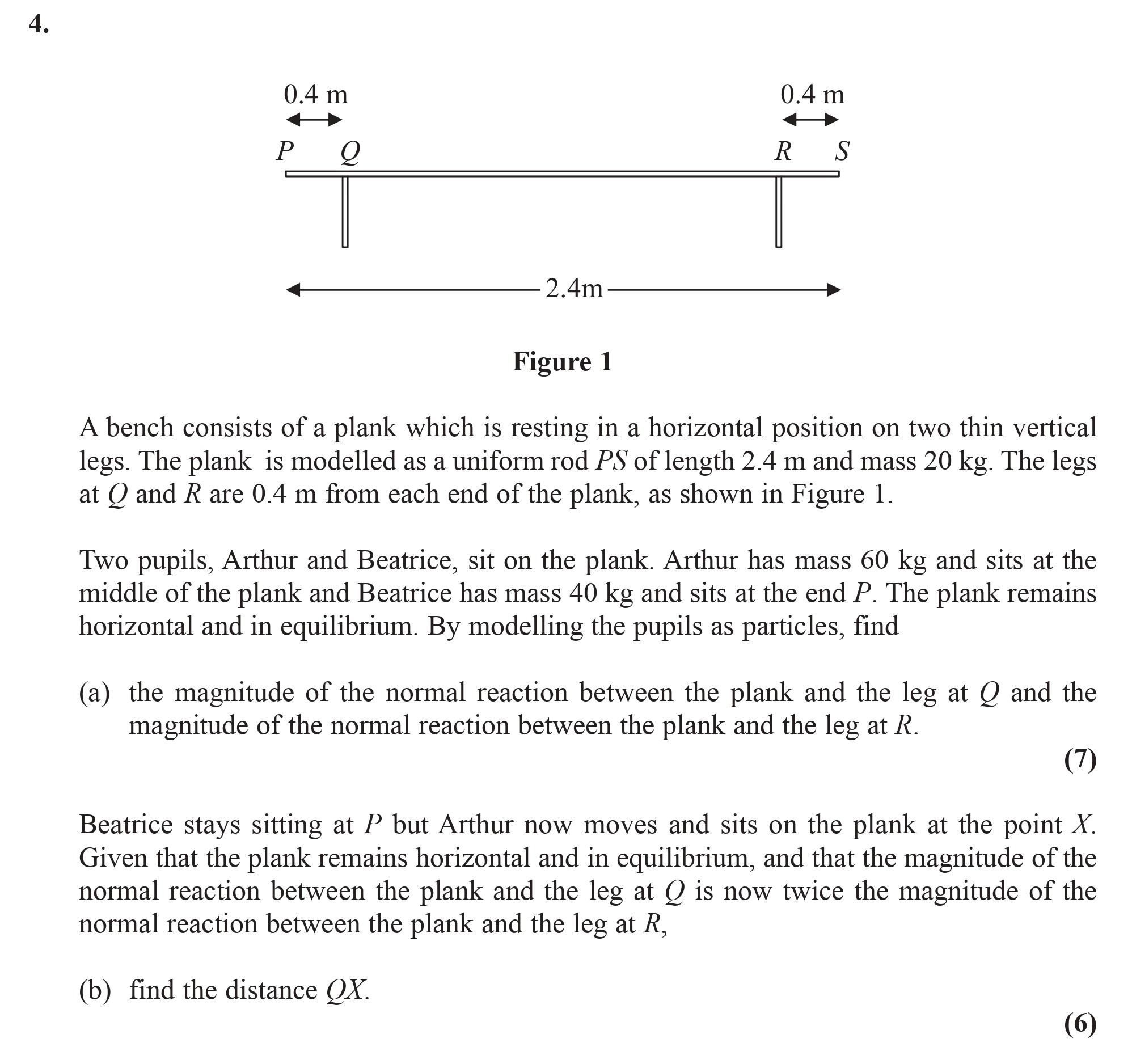 A-bench-consists-of-a-plank-which-is-resting-in-a-horizontal-position-on-two-thin-vertical-legs-Edexcel-A-Level Maths Mechanics-Question 4-2009-Paper 1.png
