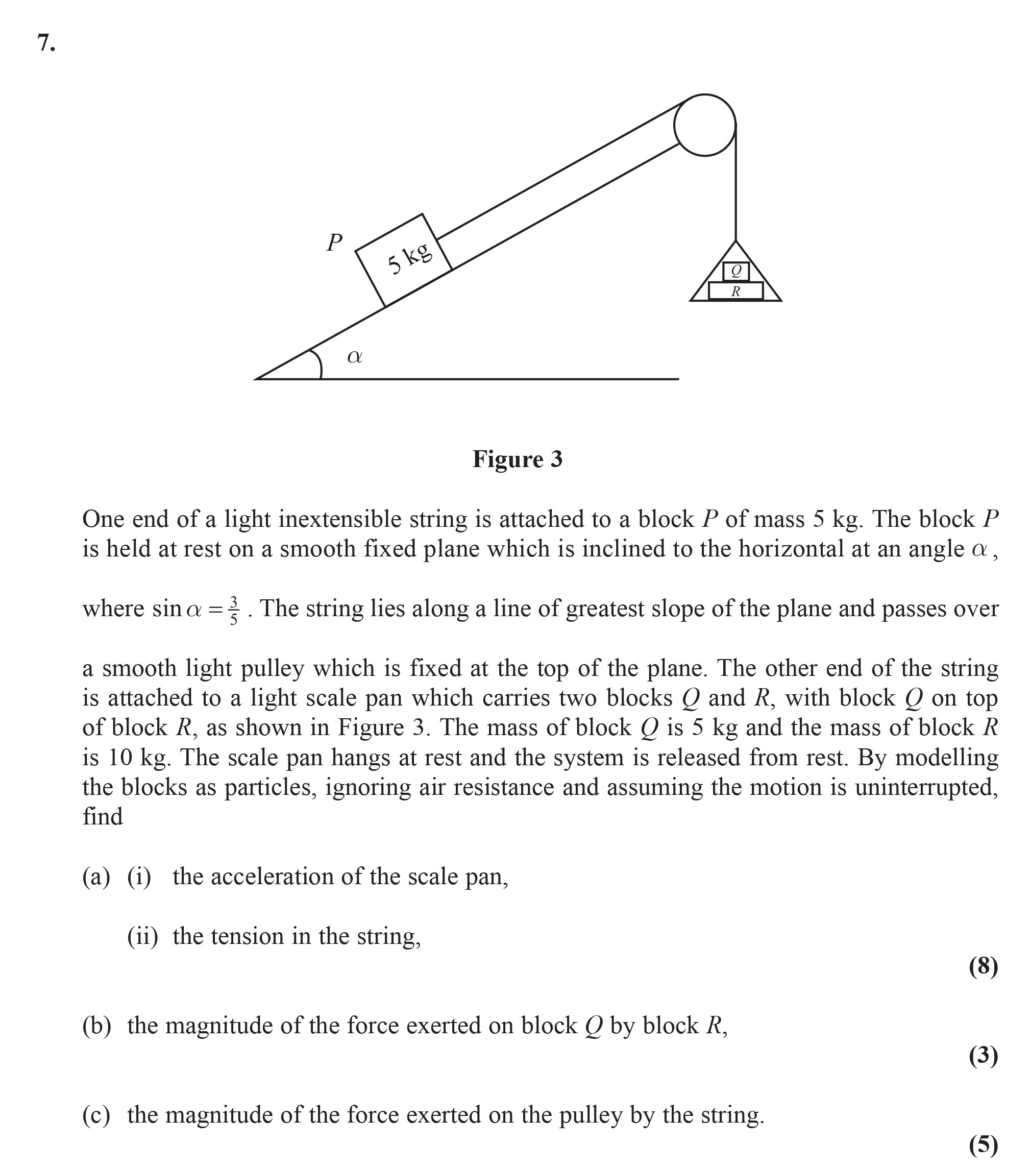 One-end-of-a-light-inextensible-string-is-attached-to-a-block-P-of-mass-5-kg-Edexcel-A-Level Maths Mechanics-Question 7-2009-Paper 1.png