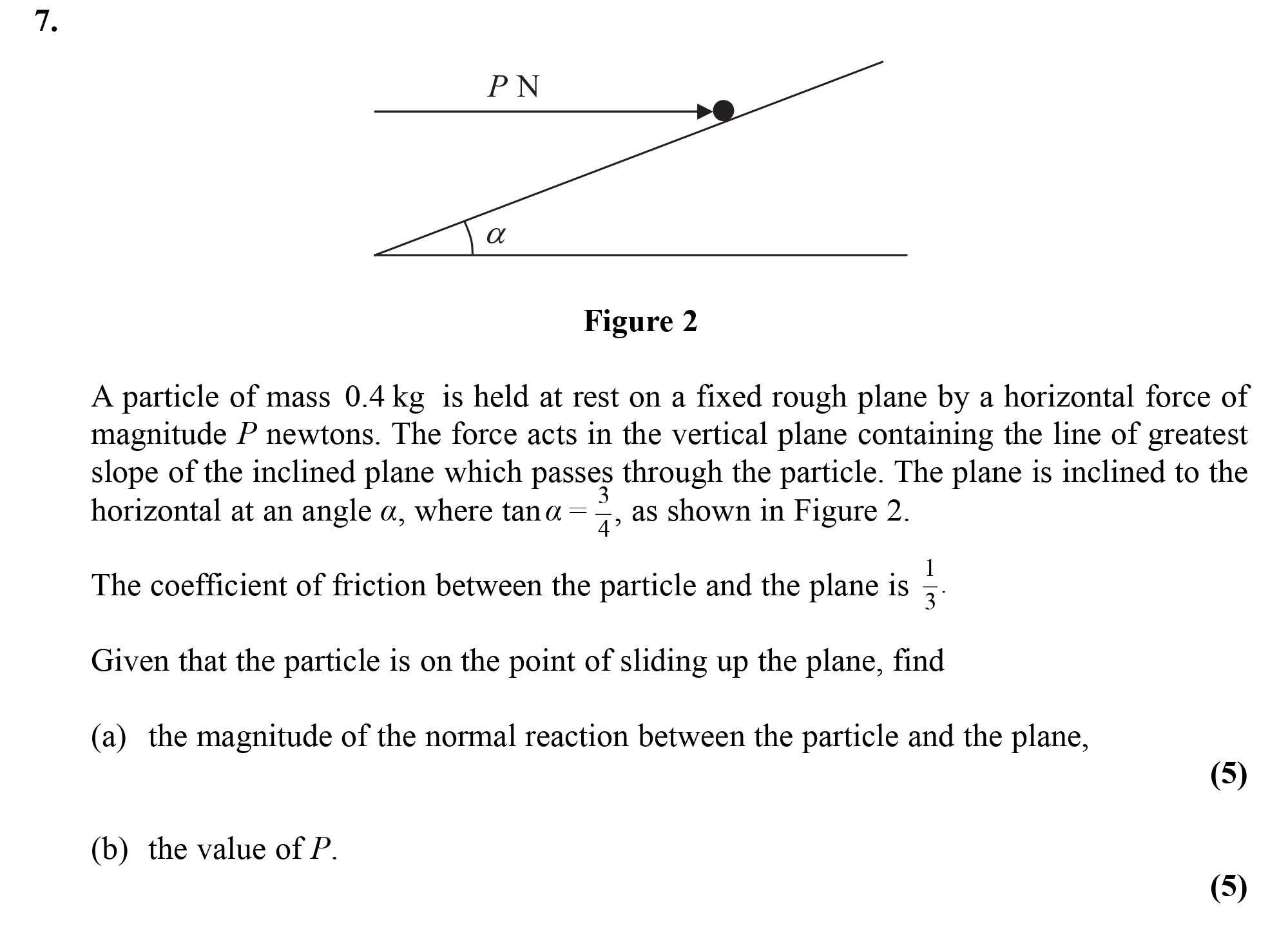 A-particle-of-mass-0.4-kg-is-held-at-rest-on-a-fixed-rough-plane-by-a-horizontal-force-of-magnitude-P-newtons-Edexcel-A-Level Maths Mechanics-Question 7-2010-Paper 1.png