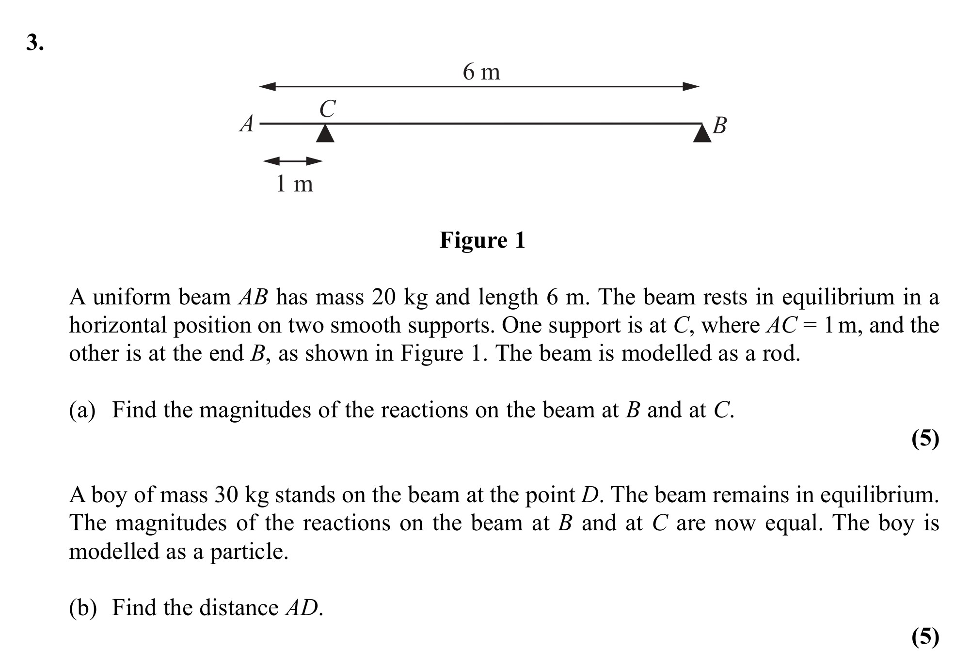 A-uniform-beam-AB-has-mass-20-kg-and-length-6-m-Edexcel-A-Level Maths Mechanics-Question 3-2011-Paper 1.png