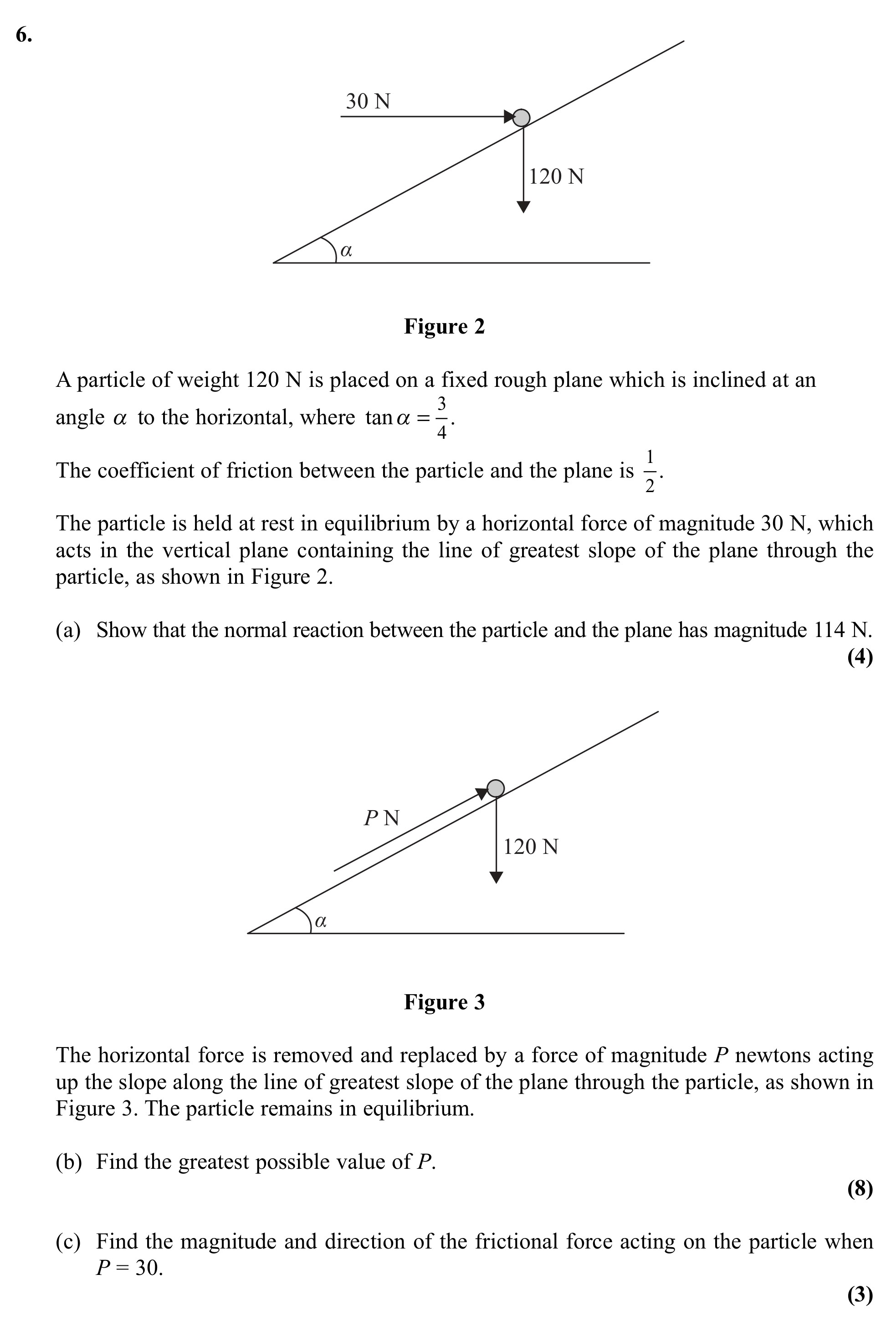 A-particle-of-weight-120-N-is-placed-on-a-fixed-rough-plane-which-is-inclined-at-an-angle-$\alpha$-to-the-horizontal,-where-$\tan-\alpha-=-\frac{3}{4}$-Edexcel-A-Level Maths Mechanics-Question 6-2011-Paper 1.png