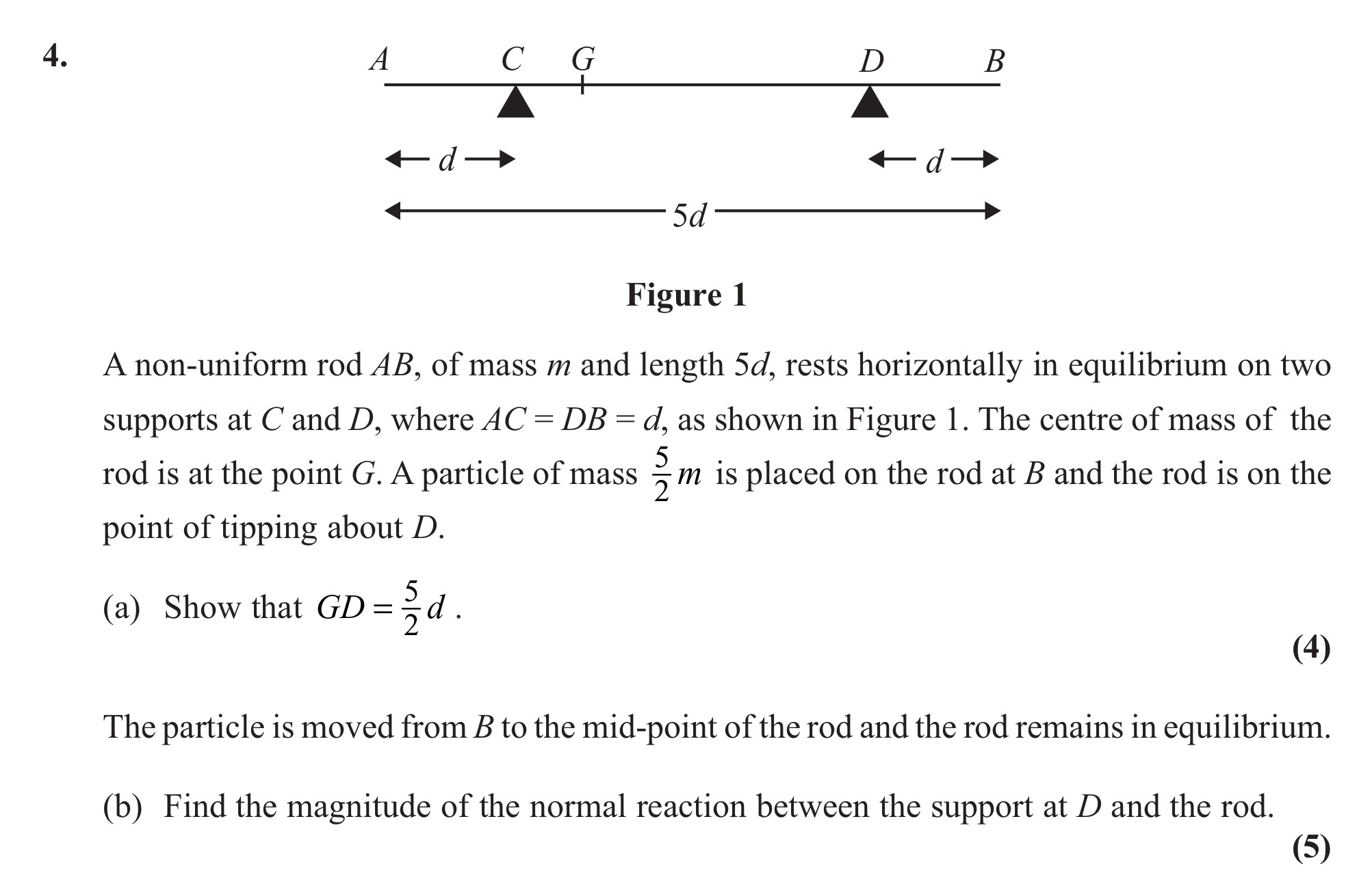 A-non-uniform-rod-AB,-of-mass-m-and-length-5d,-rests-horizontally-in-equilibrium-on-two-supports-at-C-and-D,-where-AC-=-DB-=-d,-as-shown-in-Figure-1-Edexcel-A-Level Maths Mechanics-Question 4-2012-Paper 1.png