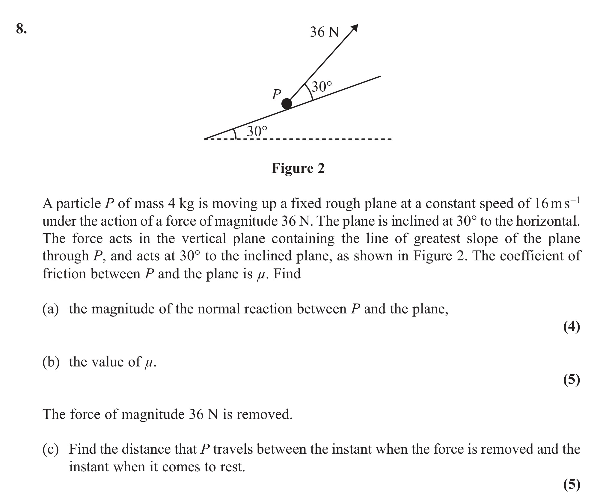 A-particle-P-of-mass-4-kg-is-moving-up-a-fixed-rough-plane-at-a-constant-speed-of-16-ms<sup>-1</sup>-under-the-action-of-a-force-of-magnitude-36-N-Edexcel-A-Level Maths Mechanics-Question 8-2012-Paper 1.png
