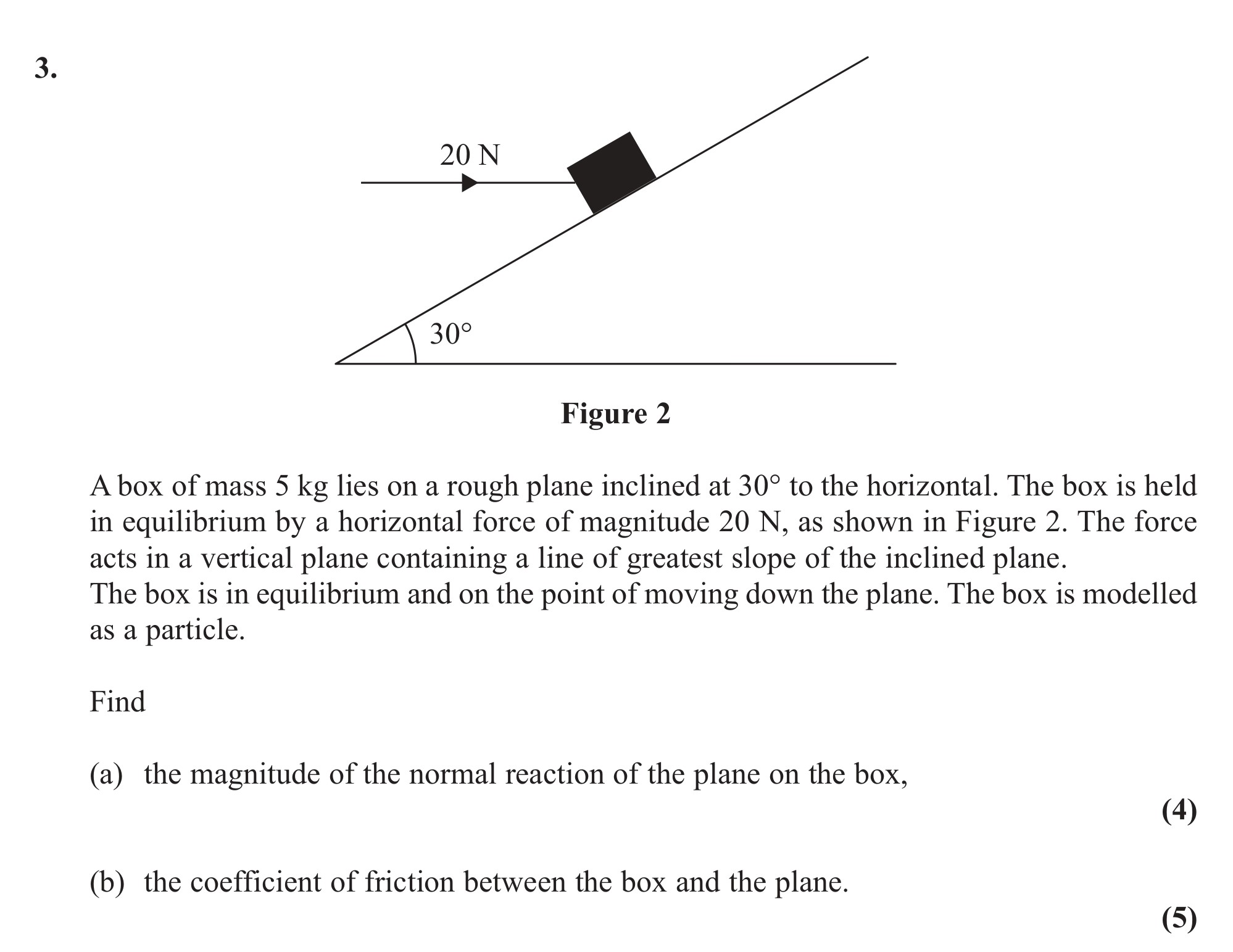 A-box-of-mass-5-kg-lies-on-a-rough-plane-inclined-at-30°-to-the-horizontal-Edexcel-A-Level Maths Mechanics-Question 3-2012-Paper 1.png