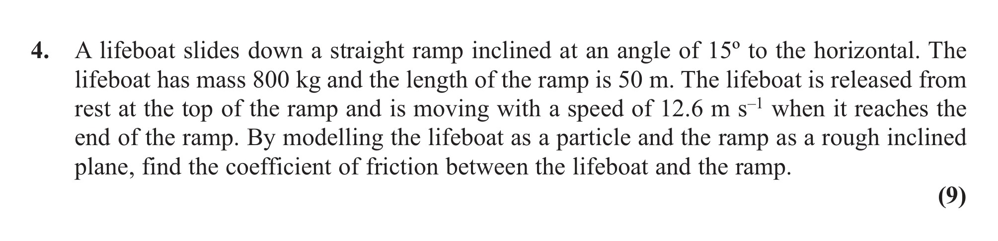 A-lifeboat-slides-down-a-straight-ramp-inclined-at-an-angle-of-15°-to-the-horizontal-Edexcel-A-Level Maths Mechanics-Question 4-2013-Paper 1.png