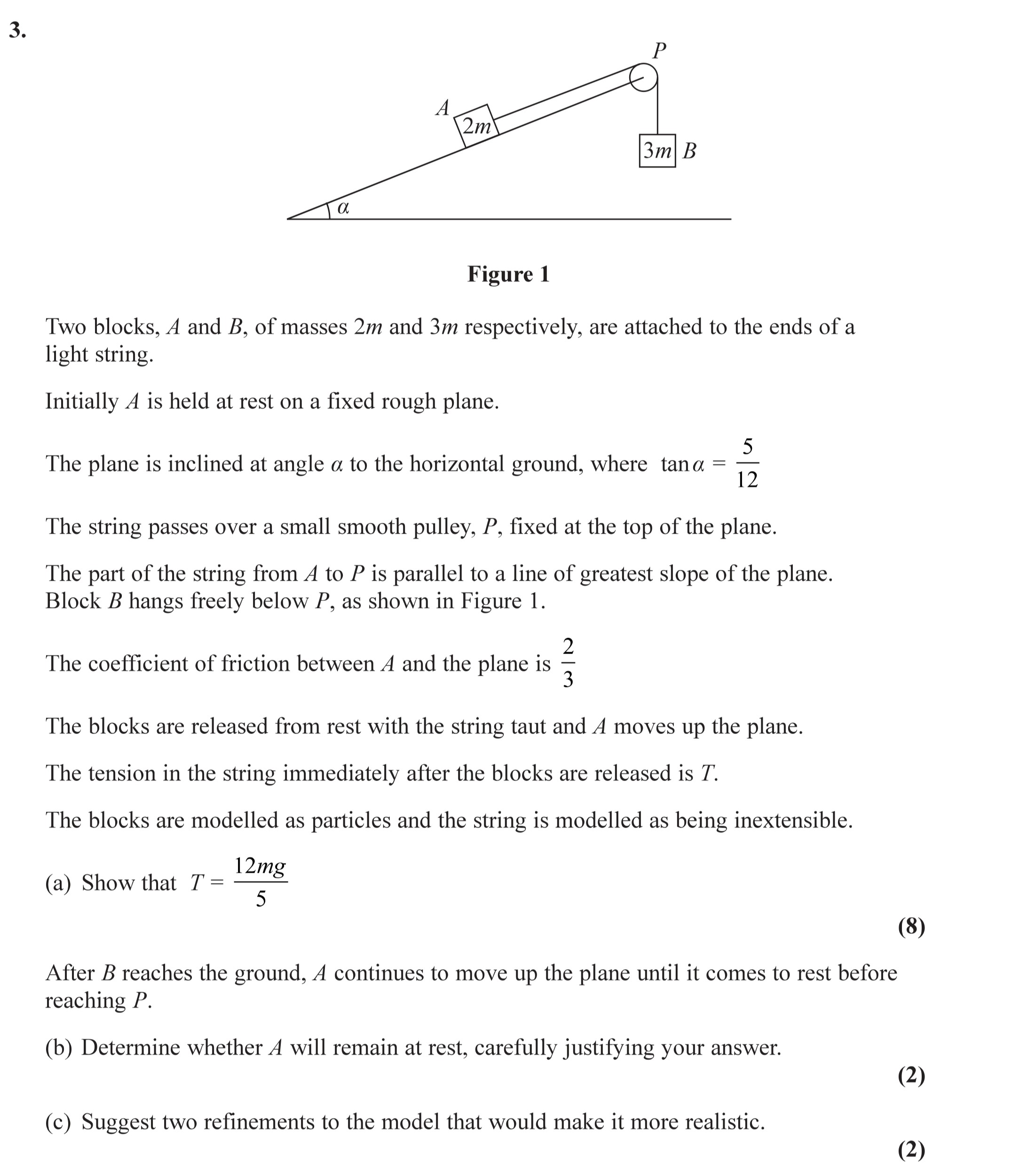 Two-blocks,-A-and-B,-of-masses-2m-and-3m-respectively,-are-attached-to-the-ends-of-a-light-string-Edexcel-A-Level Maths Mechanics-Question 3-2019-Paper 1.png