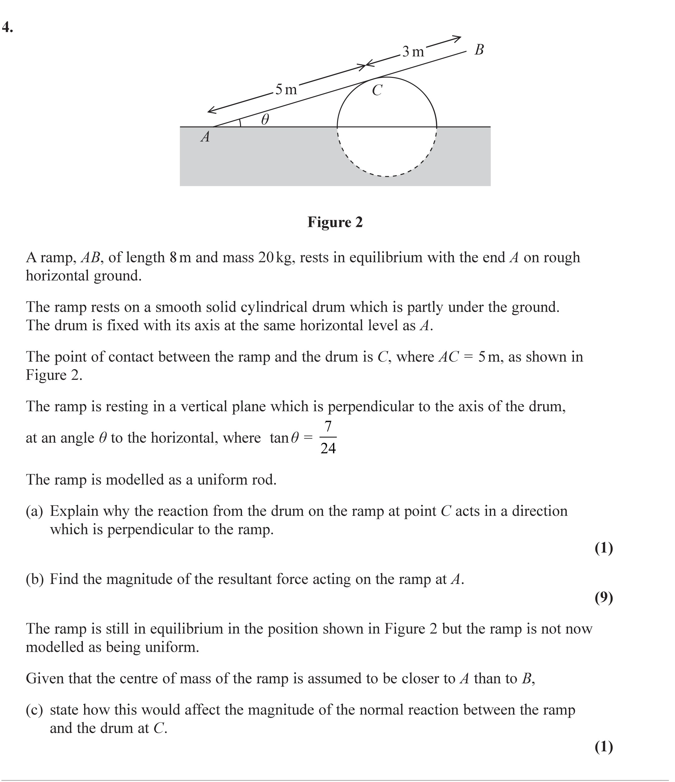 A-ramp,-AB,-of-length-8-m-and-mass-20-kg,-rests-in-equilibrium-with-the-end-A-on-rough-horizontal-ground-Edexcel-A-Level Maths Mechanics-Question 4-2019-Paper 1.png