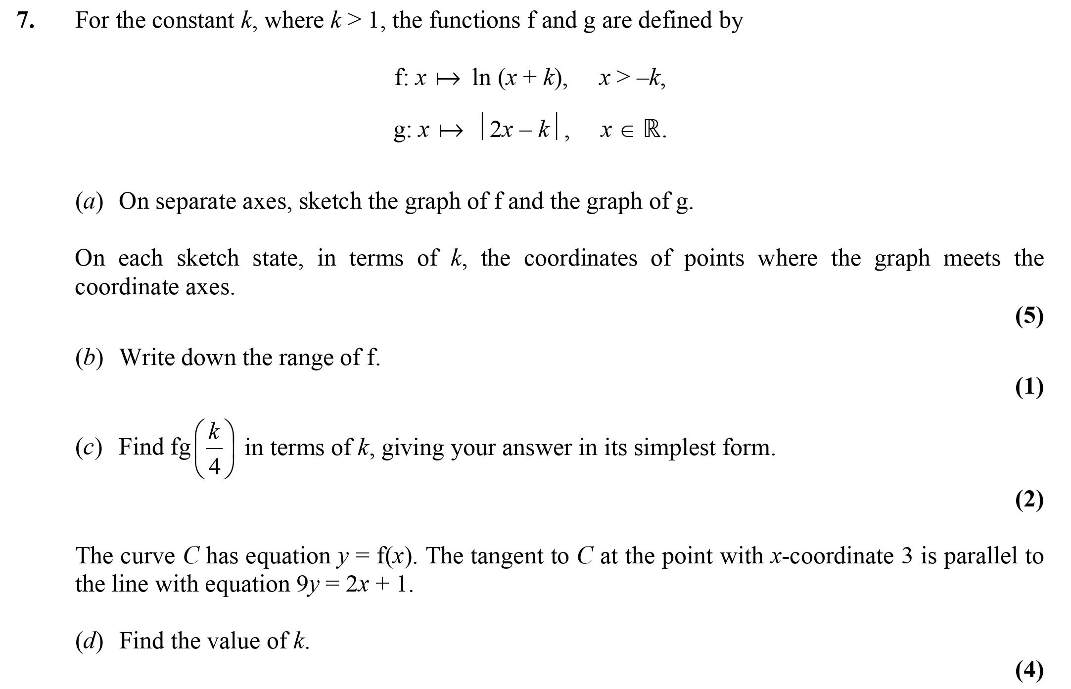 For-the-constant-$k$,-where-$k->-1$,-the-functions-$f$-and-$g$-are-defined-by--$f:-x--o--ext{ln}(x-+-k),--ext{-for-}-x->--k,$--g:-x--o-|2x---k|,--ext{-for-}-x--ext{-in-}--ext{R}-Edexcel-A-Level Maths Pure-Question 1-2006-Paper 4.png