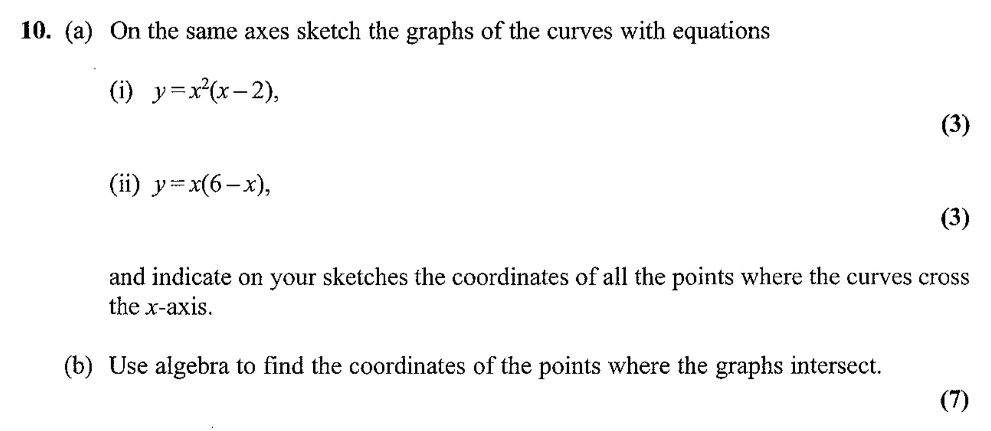 On-the-same-axes-sketch-the-graphs-of-the-curves-with-equations--(i)-$y-=-x^2(x---2)$,--(ii)-$y-=-x(6---x)$,-and-indicate-on-your-sketches-the-coordinates-of-all-the-points-where-the-curves-cross-the-x-axis-Edexcel-A-Level Maths Pure-Question 1-2006-Paper 2.png