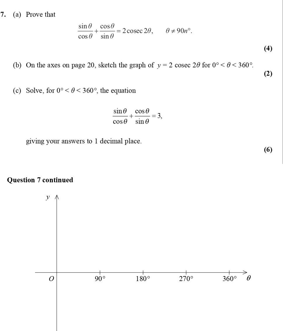 7.-(a)-Prove-that----$$\frac{\sin-\theta-\cdot-\cos-\theta}{\cos^2-\theta}-+-\frac{\sin^2-\theta}{\sin-\theta}-=-2-\csc-2\theta,-\quad-\theta-\neq-90^\circ.$$---(b)-On-the-axes-on-page-20,-sketch-the-graph-of---$$y-=-2-\csc-2\theta$$-for-$$0^\circ-<-\theta-<-360^\circ.$$---(c)-Solve,-for-$$0^\circ-<-\theta-<-360^\circ$$,-the-equation----$$\frac{\sin-\theta-\cdot-\cos-\theta}{\cos^2-\theta}-\cdot-\frac{\cos-\theta}{\sin-\theta}-=-3,$$---giving-your-answers-to-1-decimal-place.-Edexcel-A-Level Maths Pure-Question 1-2007-Paper 5.png