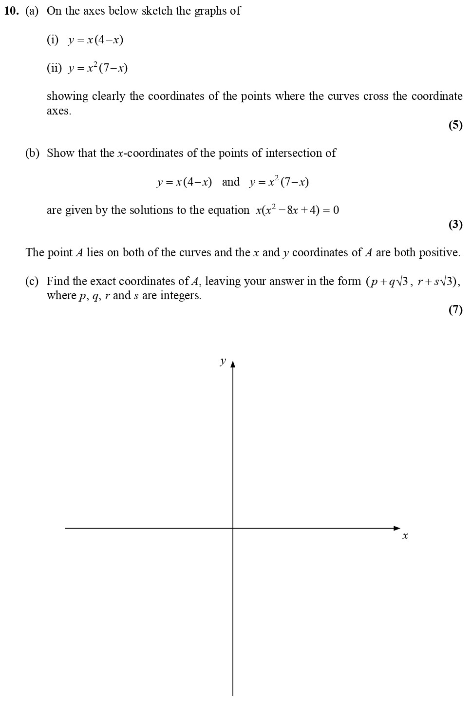 10.-(a)-On-the-axes-below-sketch-the-graphs-of--(i)----$y-=-x(4---x)$--(ii)---$y-=-x^2(7---x)$--showing-clearly-the-coordinates-of-the-points-where-the-curves-cross-the-coordinate-axes-Edexcel-A-Level Maths Pure-Question 11-2010-Paper 1.png