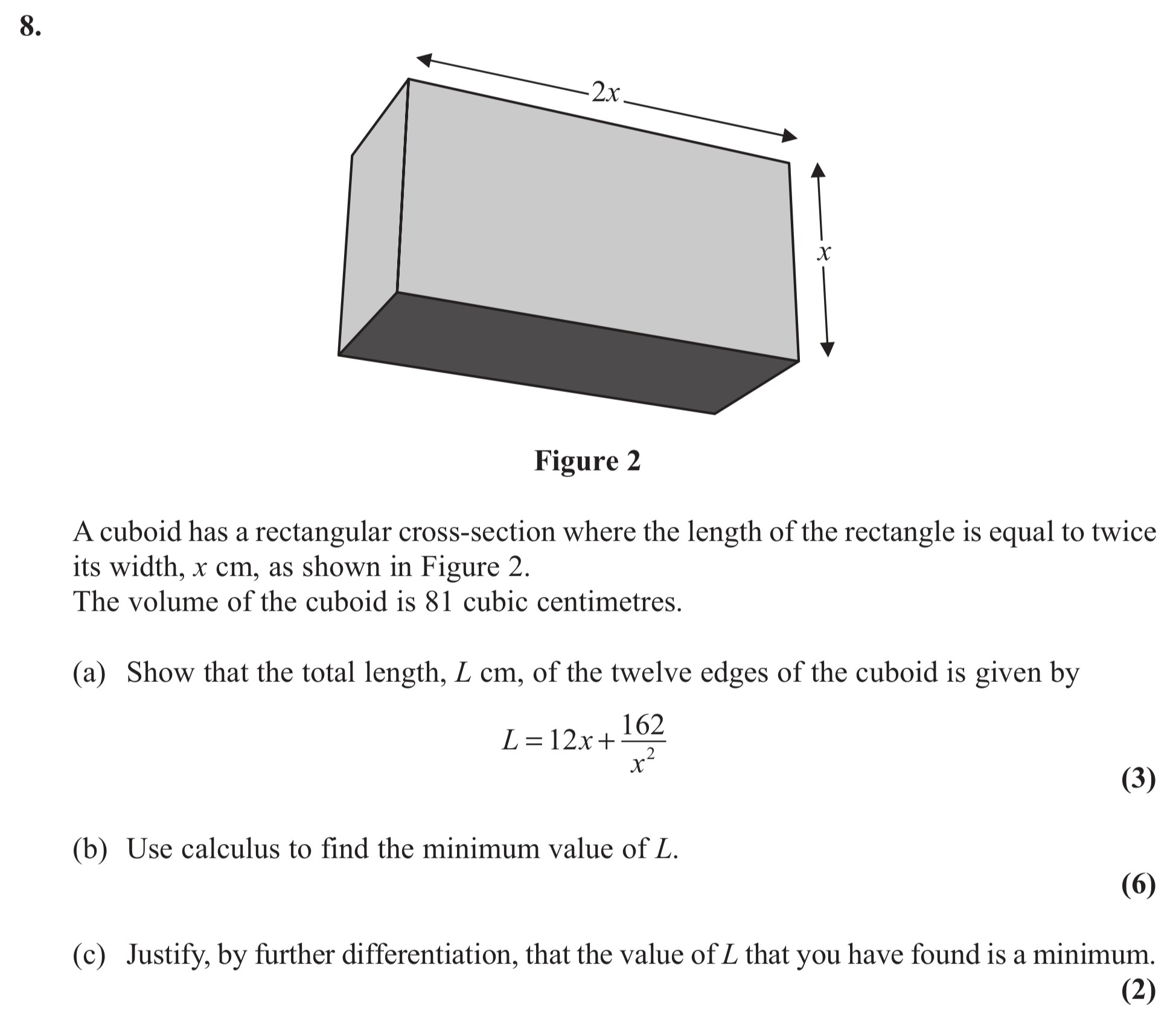 A-cuboid-has-a-rectangular-cross-section-where-the-length-of-the-rectangle-is-equal-to-twice-its-width,-$x$-cm,-as-shown-in-Figure-2-Edexcel-A-Level Maths Pure-Question 1-2011-Paper 2.png
