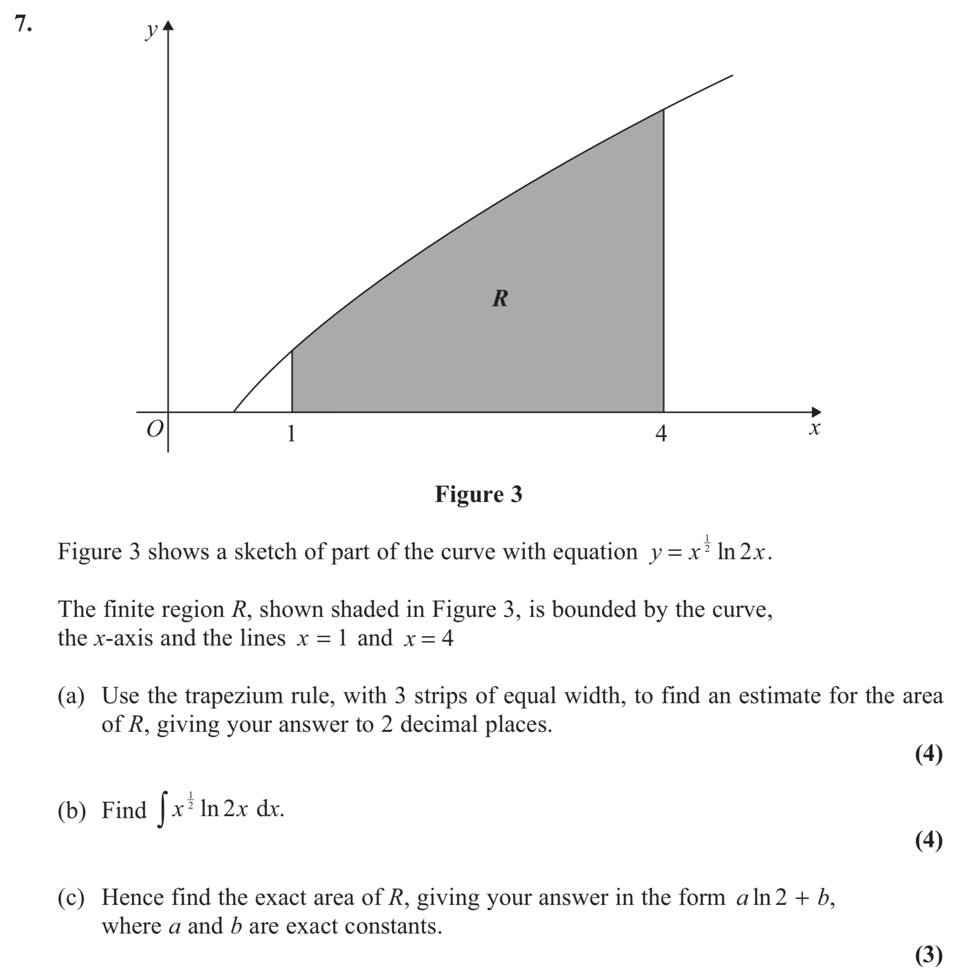 Figure-3-shows-a-sketch-of-part-of-the-curve-with-equation-$y-=-x^3--imes--ext{ln}--ext{2}-x$-Edexcel-A-Level Maths Pure-Question 8-2012-Paper 7.png