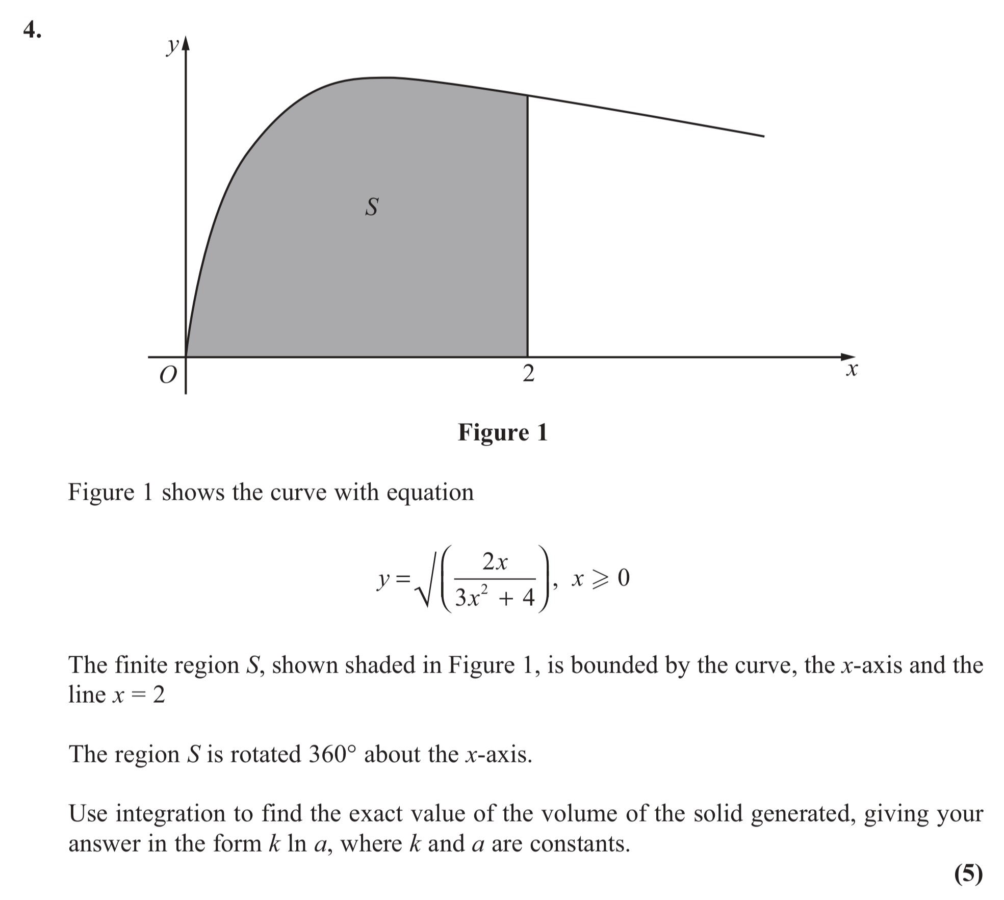 Figure-1-shows-the-curve-with-equation--$$y-=--rac{2x}{-oot{3x^2-+-4}}$$--The-finite-region-S,-shown-shaded-in-Figure-1,-is-bounded-by-the-curve,-the-x-axis-and-the-line-x-=-2-Edexcel-A-Level Maths Pure-Question 6-2012-Paper 8.png