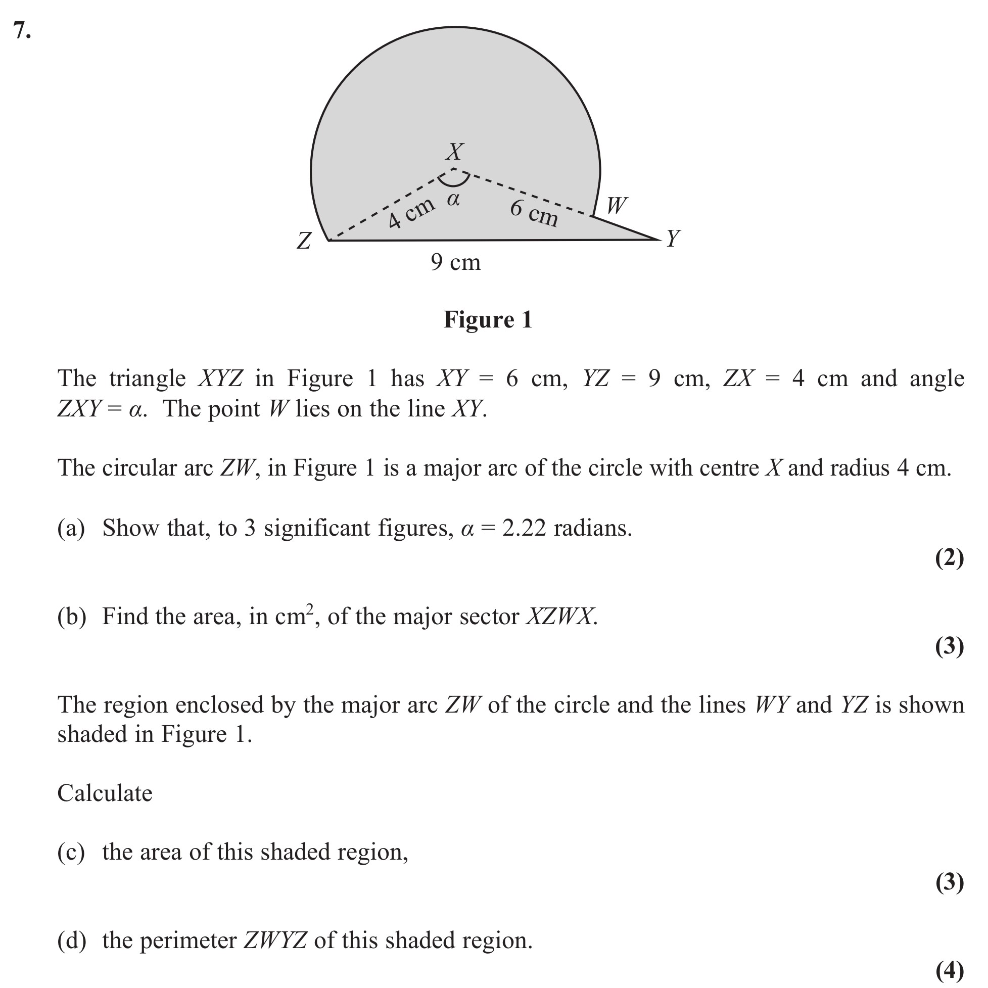 The-triangle-XYZ-in-Figure-1-has-XY-=-6-cm,-YZ-=-9-cm,-ZX-=-4-cm-and-angle-ZXY-=-a-Edexcel-A-Level Maths Pure-Question 9-2013-Paper 6.png