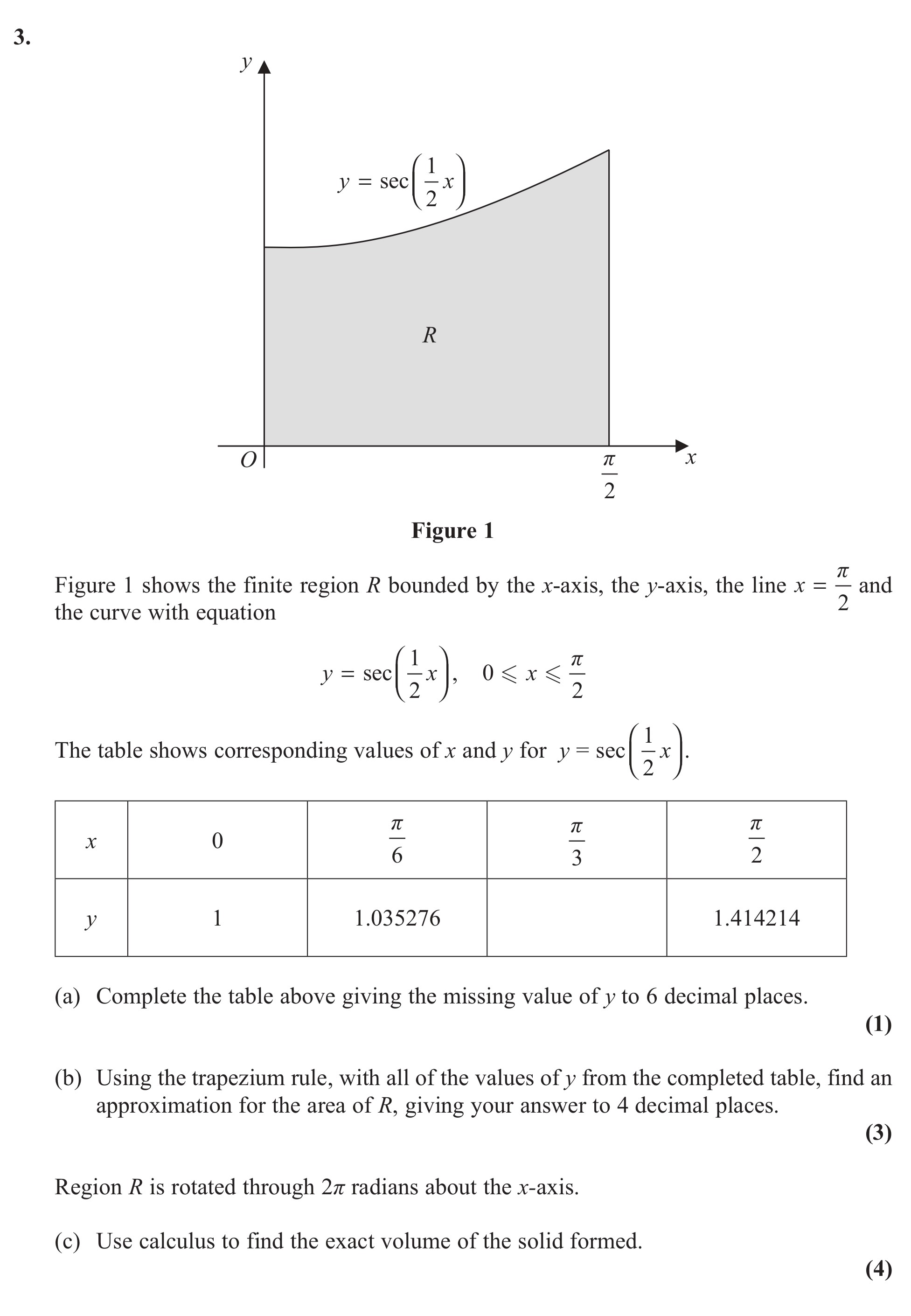 Figure-1-shows-the-finite-region-R-bounded-by-the-x-axis,-the-y-axis,-the-line-x-=-\frac{\pi}{2}-and-the-curve-with-equation--y-=-sec(\frac{1}{2}-x),-\quad-0-\leq-x-\leq-\frac{\pi}{2}-Edexcel-A-Level Maths Pure-Question 5-2013-Paper 9.png