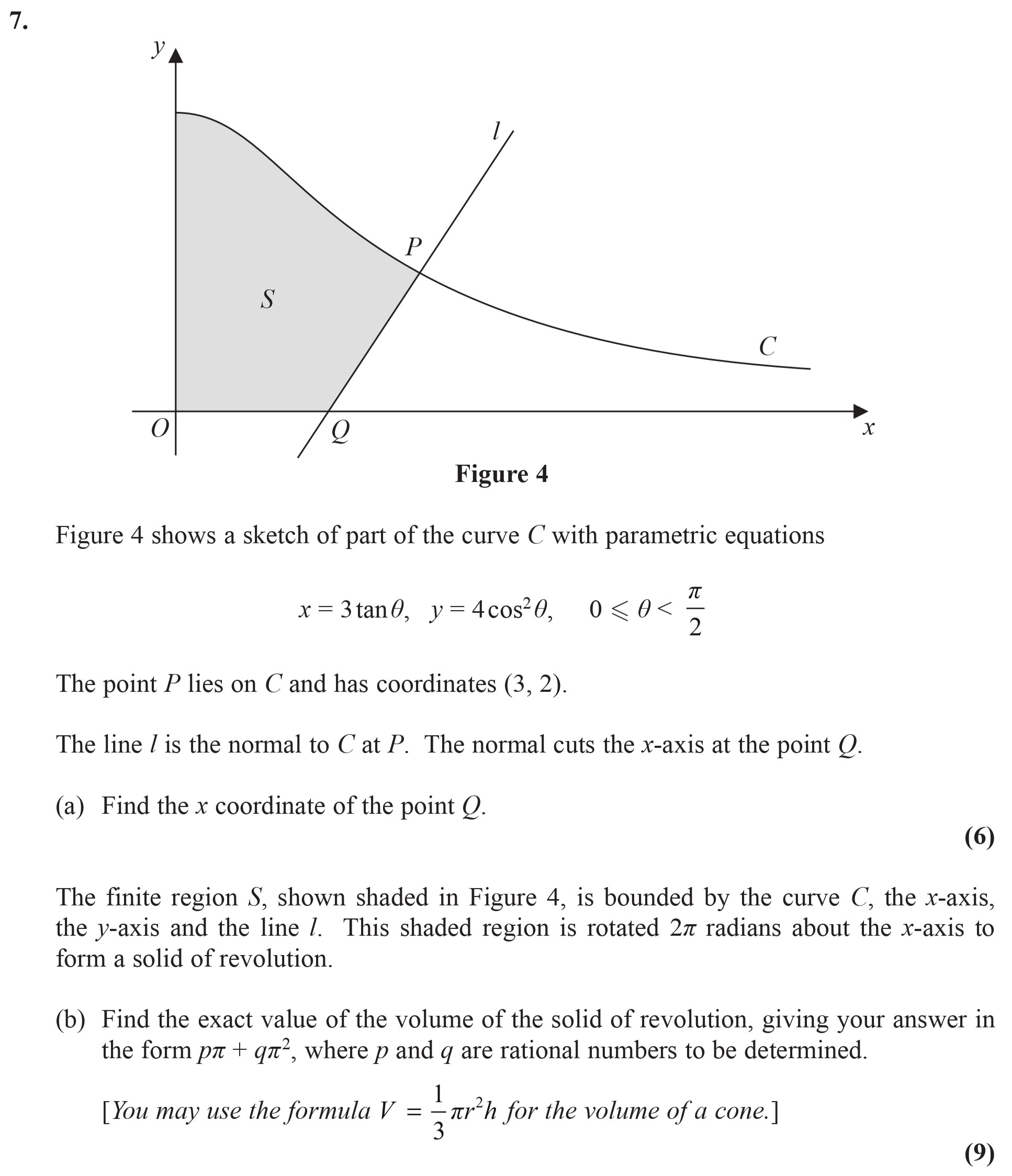 Figure-4-shows-a-sketch-of-part-of-the-curve-C-with-parametric-equations--$x-=-3--an--heta,-\quad-y-=-4--ext{cos}^2--heta-+-2,-\quad-0-\leq-\theta-<-\frac{\pi}{2}$--The-point-P-lies-on-C-and-has-coordinates-(3,-2)-Edexcel-A-Level Maths Pure-Question 6-2014-Paper 7.png