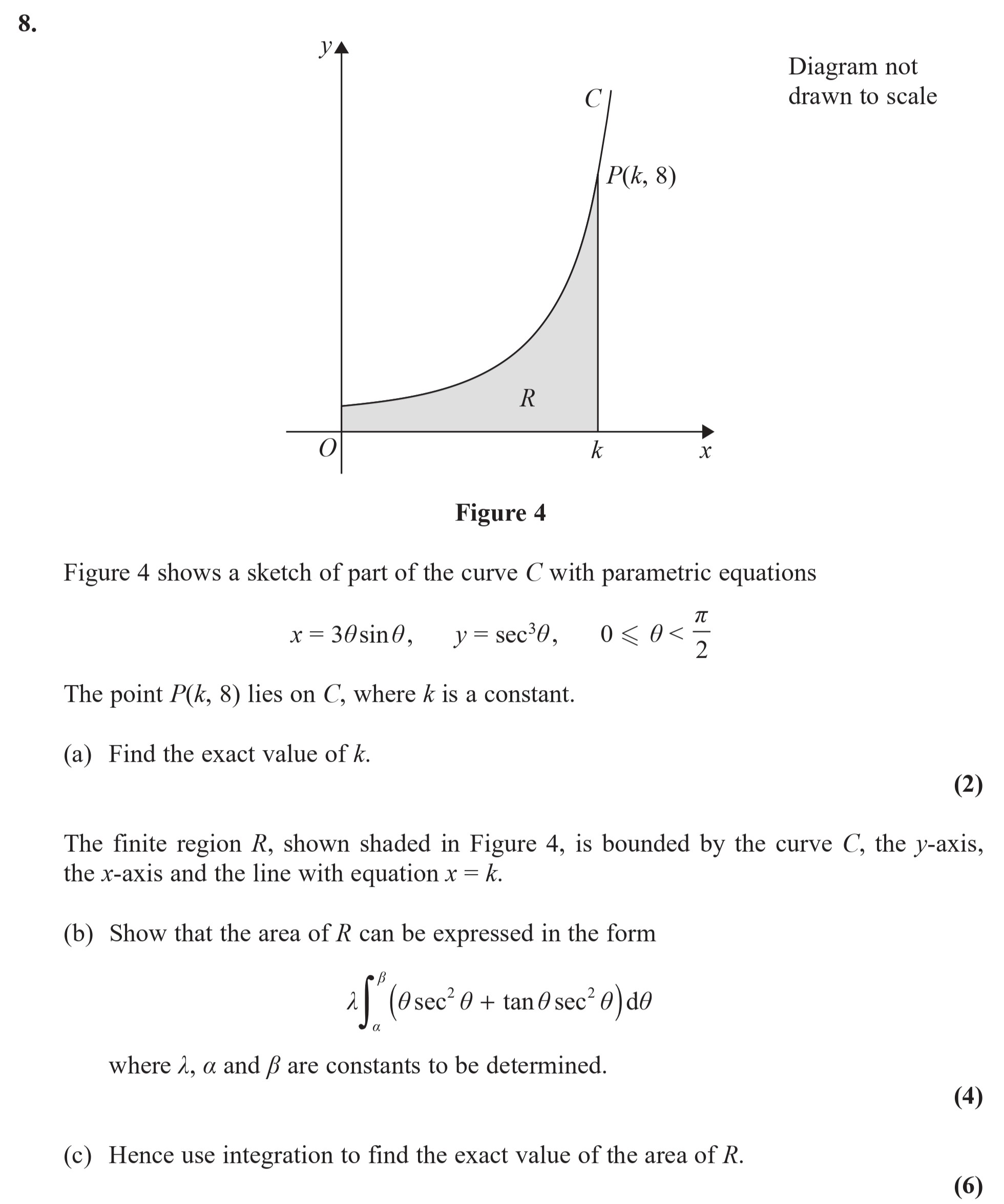 Figure-4-shows-a-sketch-of-part-of-the-curve-C-with-parametric-equations--$x-=-3-heta--ext{sin}--heta,--ewline-y-=--ext{sec}--heta,--ewline-0-<--heta-<--rac{eta}{2}$--The-point-P(k,-8)-lies-on-C,-where-k-is-a-constant-Edexcel-A-Level Maths Pure-Question 2-2005-Paper 2.png