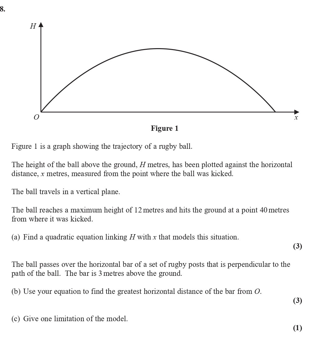 Figure-1-is-a-graph-showing-the-trajectory-of-a-rugby-ball-Edexcel-A-Level Maths Pure-Question 9-2018-Paper 2.png