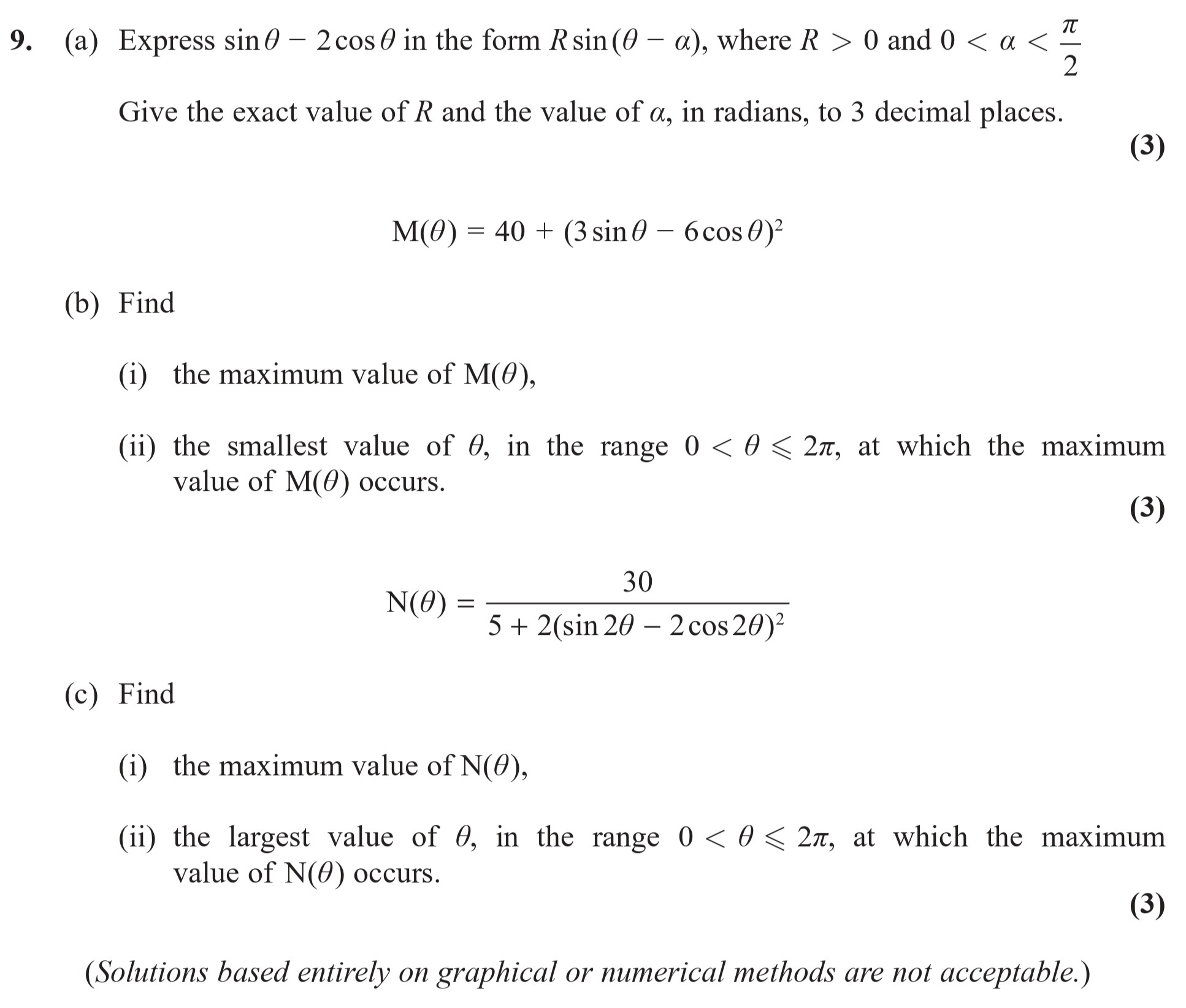 9.-(a)-Express-sin-θ-−-2-cos-θ-in-the-form-R-sin(θ-−-α),-where-R->-0-and-0-<-α-<-π/2--Give-the-exact-value-of-R-and-the-value-of-α,-in-radians,-to-3-decimal-places-Edexcel-A-Level Maths Pure-Question 2-2018-Paper 5.png