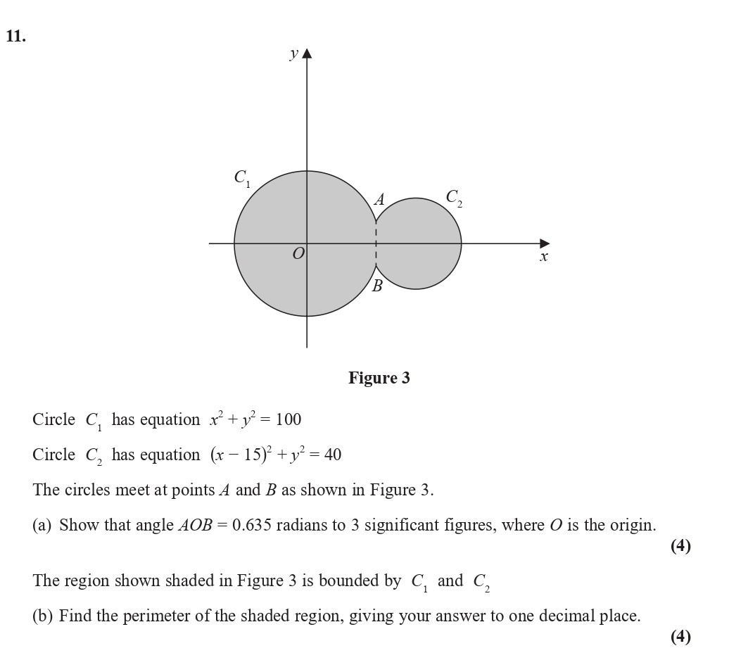 Circle-$C_1$-has-equation-$x^2-+-y^2-=-100$---Circle-$C_2$-has-equation-$(x---15)^2-+-y^2-=-40$---The-circles-meet-at-points-$A$-and-$B$-as-shown-in-Figure-3-Edexcel-A-Level Maths Pure-Question 13-2020-Paper 1.png