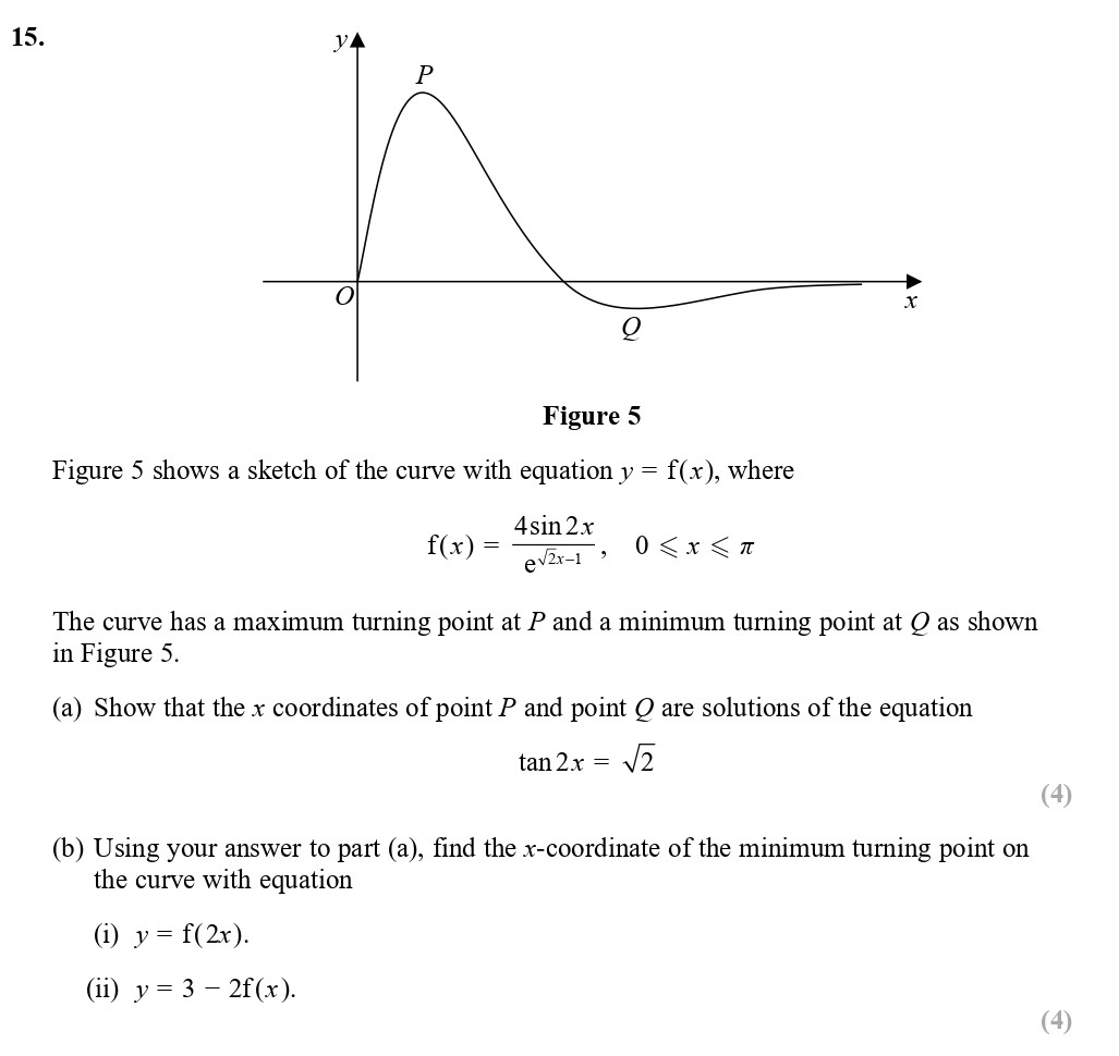 Figure-5-shows-a-sketch-of-the-curve-with-equation-$y-=-f(x)$,-where--$f(x)-=-\frac{4\sin-2x}{e^{\sqrt{x}}---1},-\quad-0-\leq-x-\leq-\pi$-Edexcel-A-Level Maths Pure-Question 15-2017-Paper 1.png