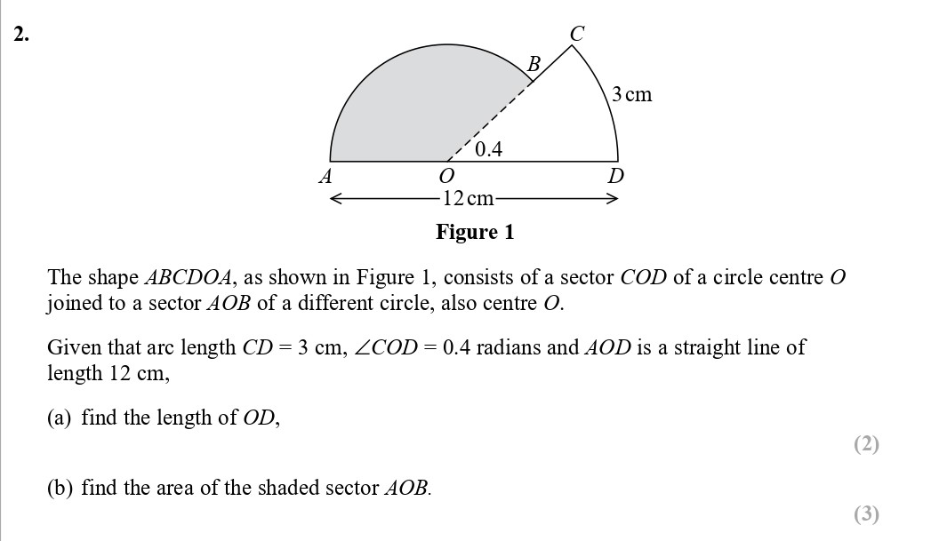 The-shape-ABCDOA,-as-shown-in-Figure-1,-consists-of-a-sector-COD-of-a-circle-centre-O-joined-to-a-sector-AOB-of-a-different-circle,-also-centre-O-Edexcel-A-Level Maths Pure-Question 3-2017-Paper 1.png