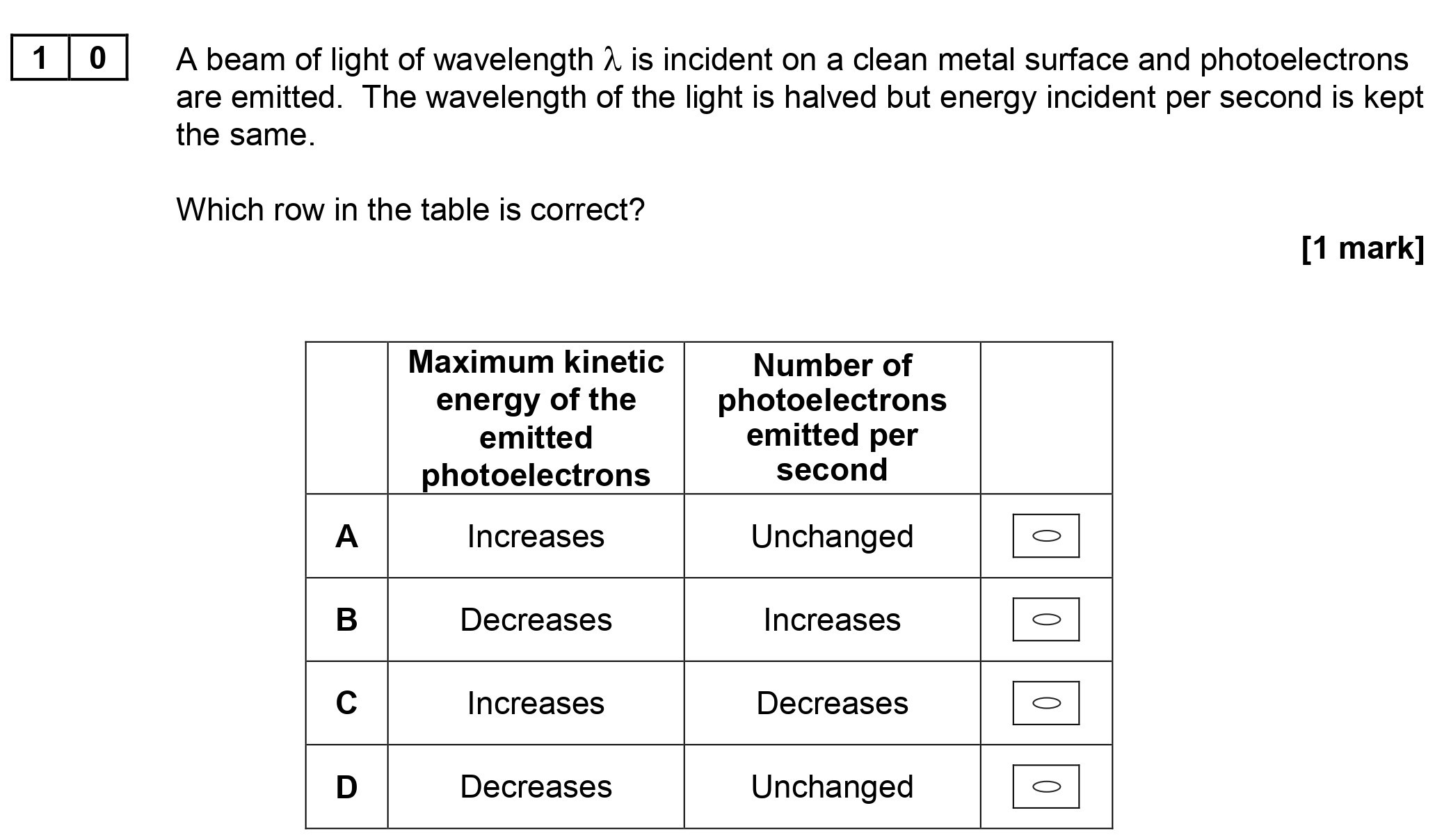A-beam-of-light-of-wavelength-λ-is-incident-on-a-clean-metal-surface-and-photoelectrons-are-emitted-AQA-A-Level Physics-Question 10-2017-Paper 1.png