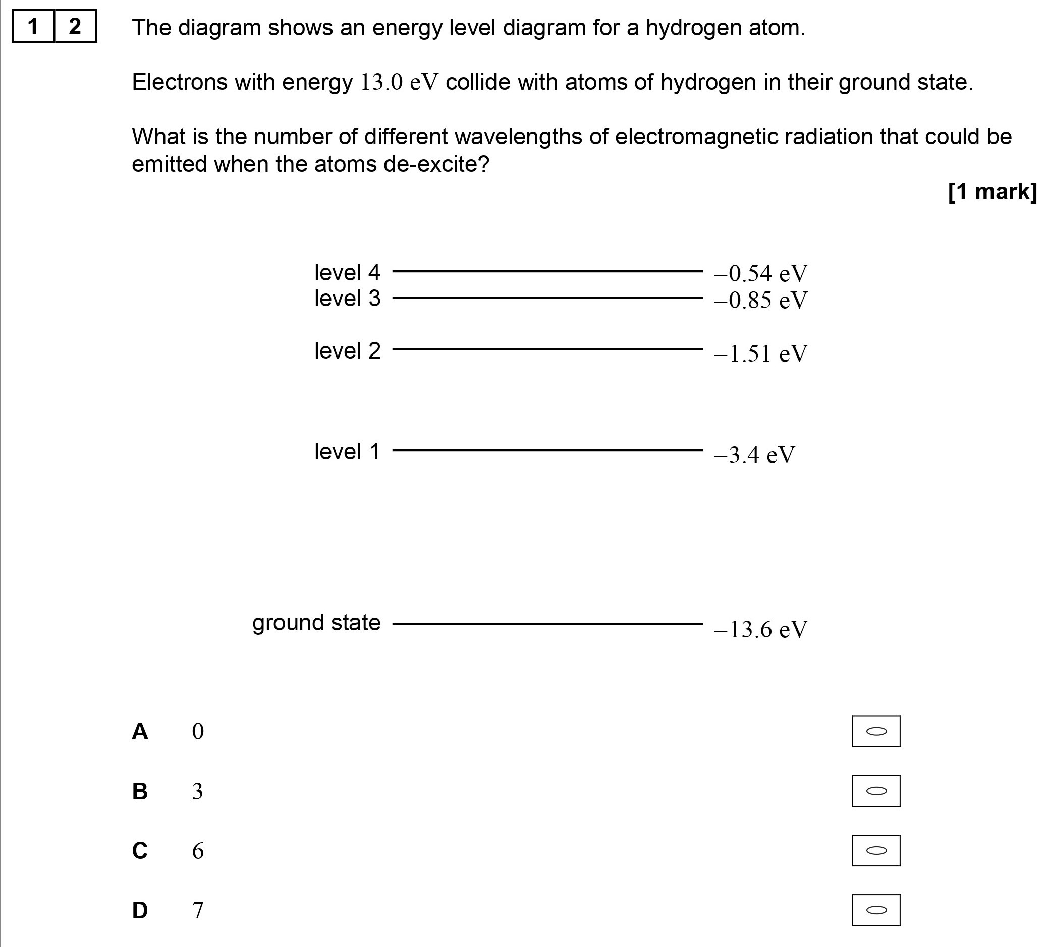 The-diagram-shows-an-energy-level-diagram-for-a-hydrogen-atom-AQA-A-Level Physics-Question 12-2017-Paper 1.png