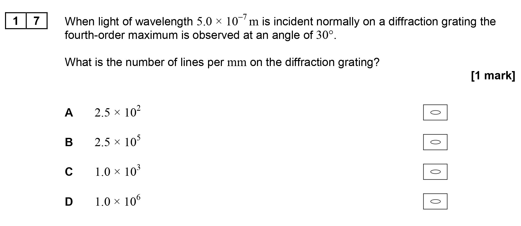 When-light-of-wavelength-5.0-×-10⁻⁷-m-is-incident-normally-on-a-diffraction-grating-the-fourth-order-maximum-is-observed-at-an-angle-of-30°-AQA-A-Level Physics-Question 17-2017-Paper 1.png